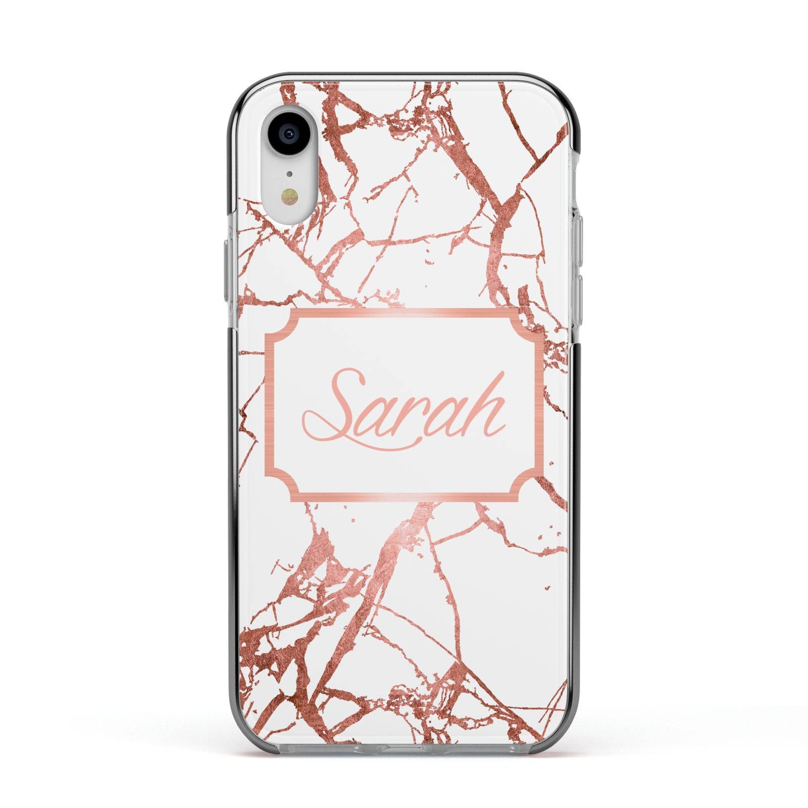 Personalised Rose Gold Marble Name Apple iPhone XR Impact Case Black Edge on Silver Phone