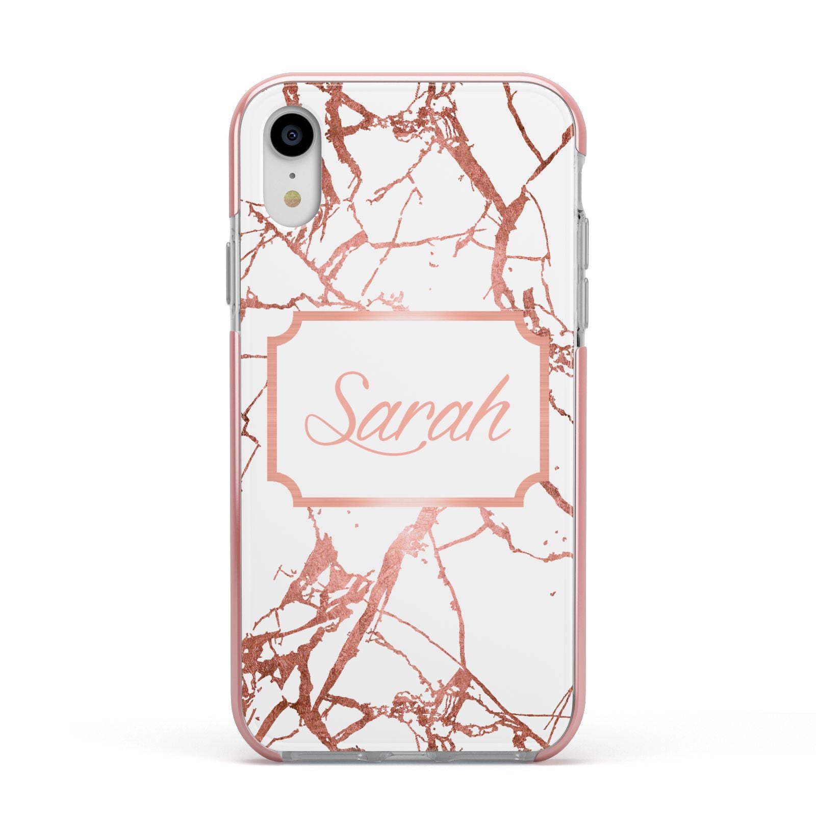 Personalised Rose Gold Marble Name Apple iPhone XR Impact Case Pink Edge on Silver Phone