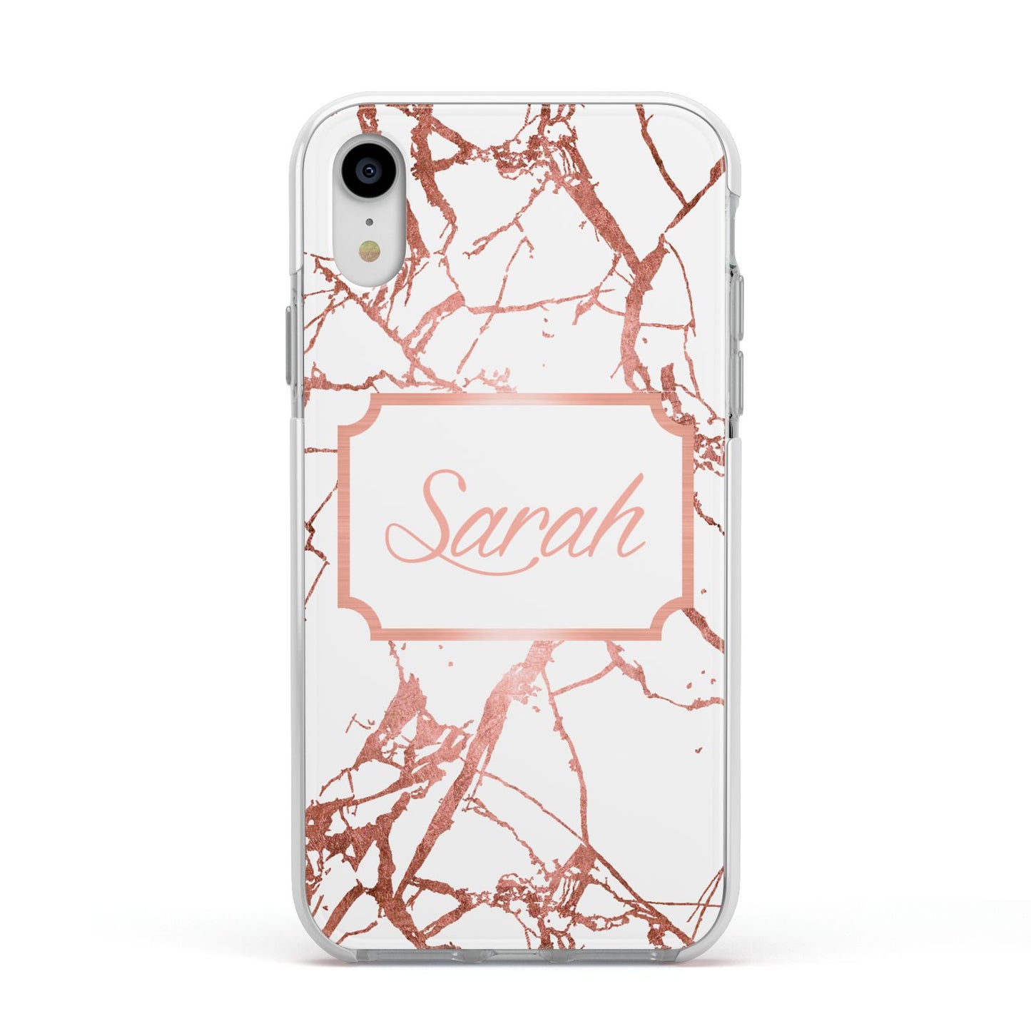 Personalised Rose Gold Marble Name Apple iPhone XR Impact Case White Edge on Silver Phone