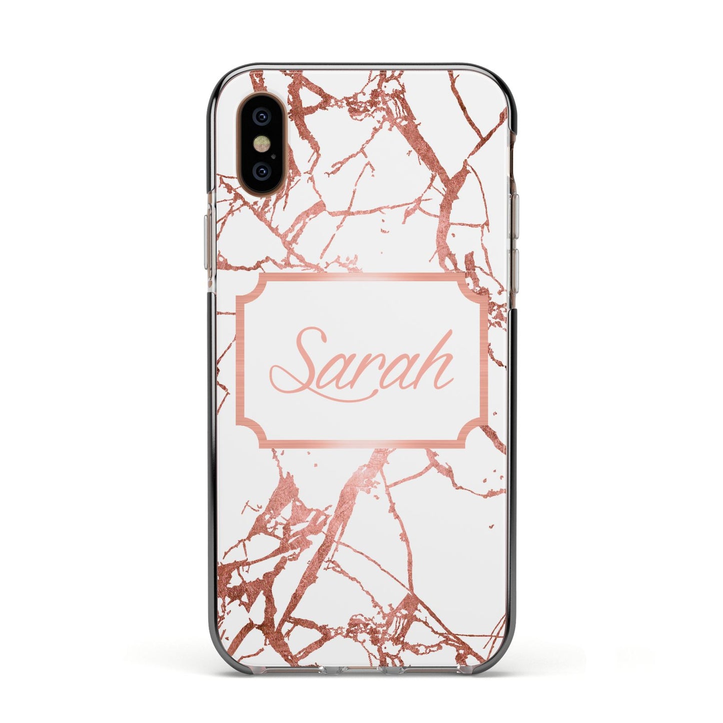 Personalised Rose Gold Marble Name Apple iPhone Xs Impact Case Black Edge on Gold Phone