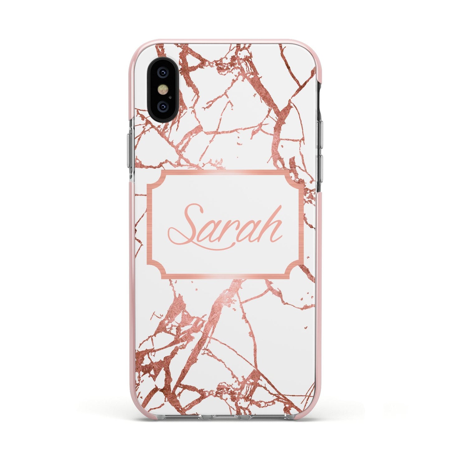 Personalised Rose Gold Marble Name Apple iPhone Xs Impact Case Pink Edge on Black Phone