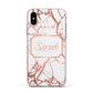 Personalised Rose Gold Marble Name Apple iPhone Xs Impact Case Pink Edge on Silver Phone