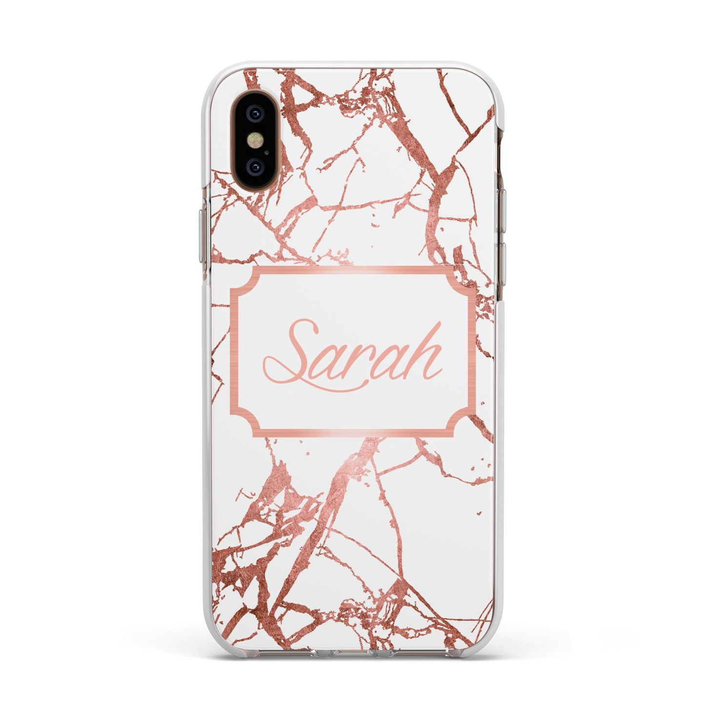 Personalised Rose Gold Marble Name Apple iPhone Xs Impact Case White Edge on Gold Phone