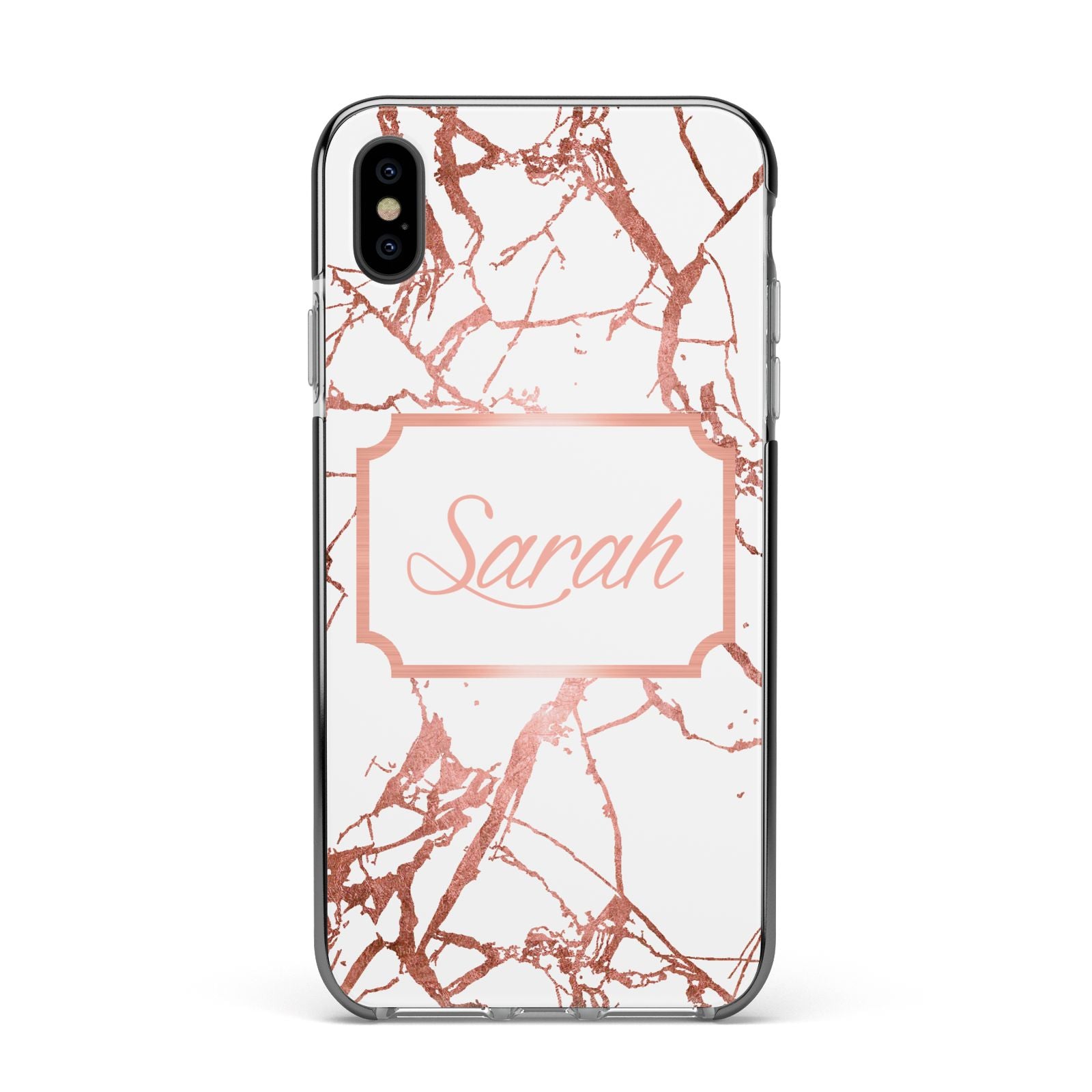Personalised Rose Gold Marble Name Apple iPhone Xs Max Impact Case Black Edge on Black Phone