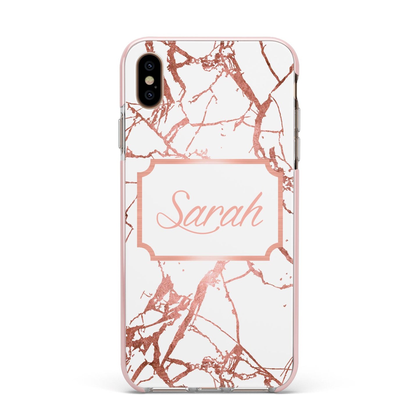Personalised Rose Gold Marble Name Apple iPhone Xs Max Impact Case Pink Edge on Gold Phone