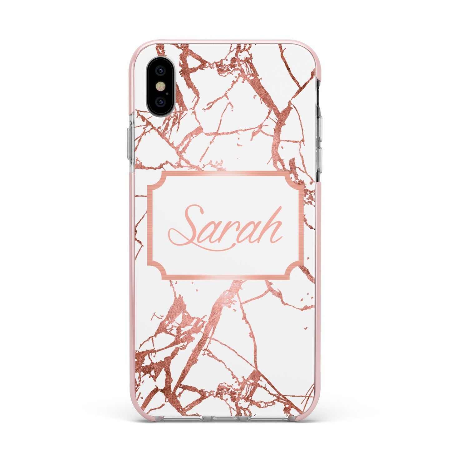 Personalised Rose Gold Marble Name Apple iPhone Xs Max Impact Case Pink Edge on Silver Phone