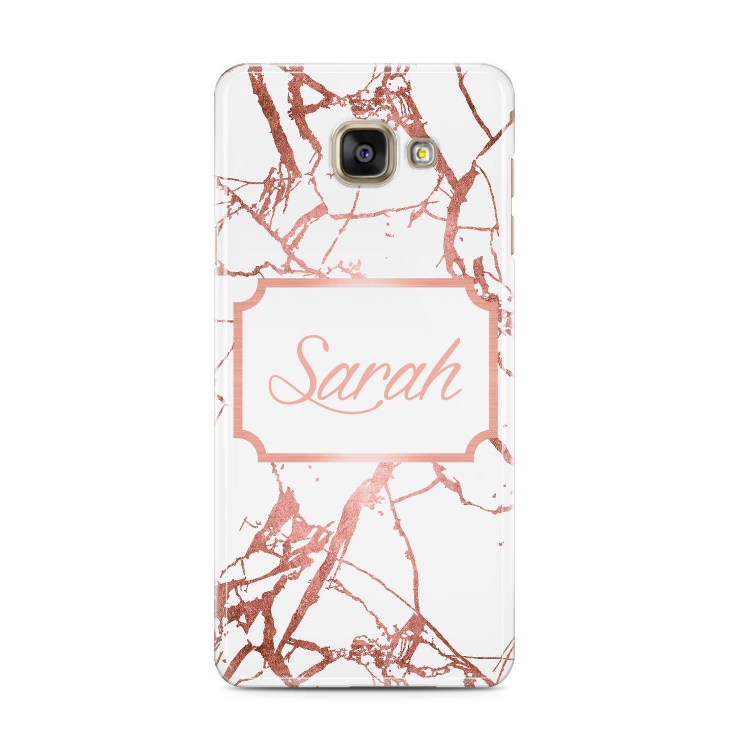 Personalised Rose Gold Marble Name Samsung Galaxy A3 2016 Case on gold phone