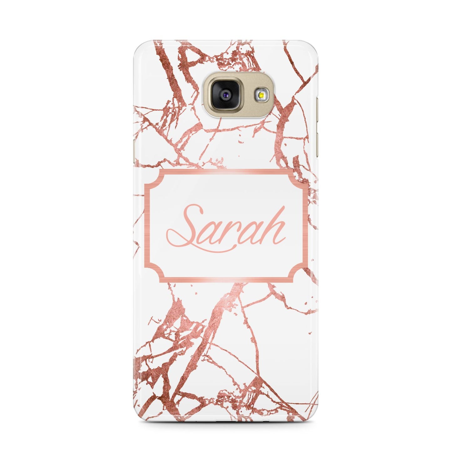 Personalised Rose Gold Marble Name Samsung Galaxy A7 2016 Case on gold phone