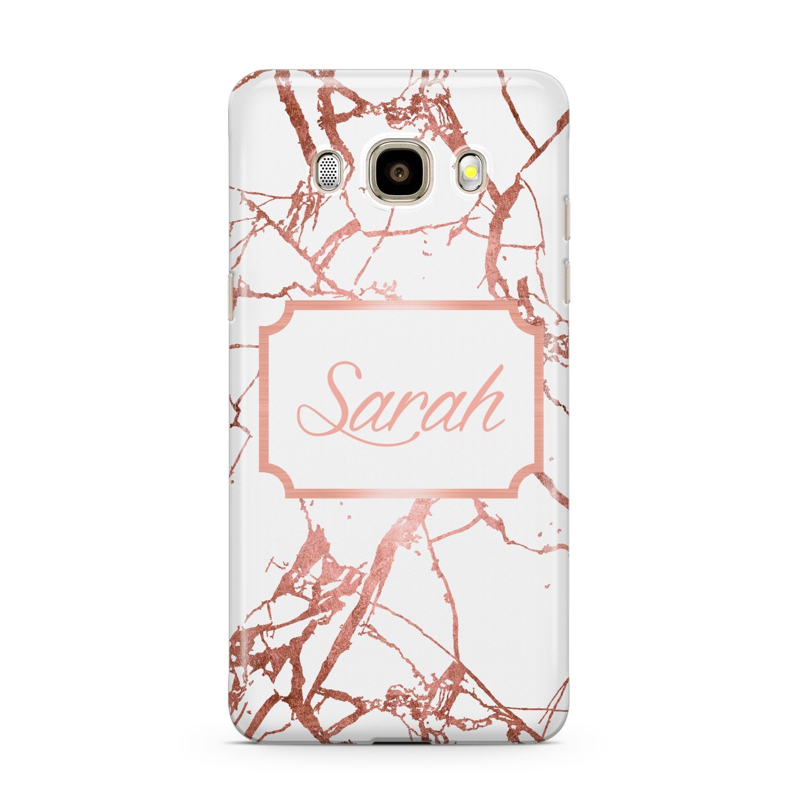 Personalised Rose Gold Marble Name Samsung Galaxy J7 2016 Case on gold phone