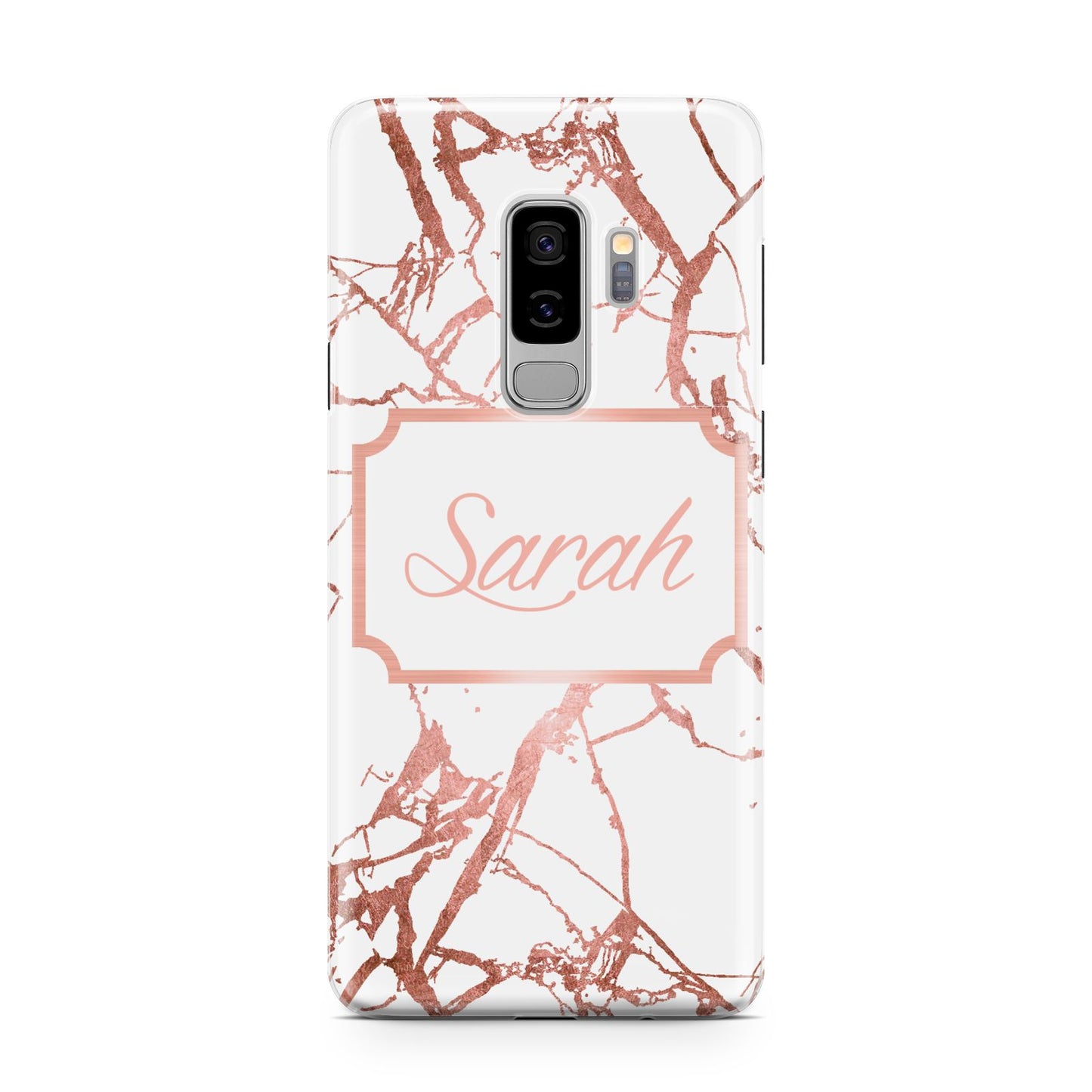 Personalised Rose Gold Marble Name Samsung Galaxy S9 Plus Case on Silver phone