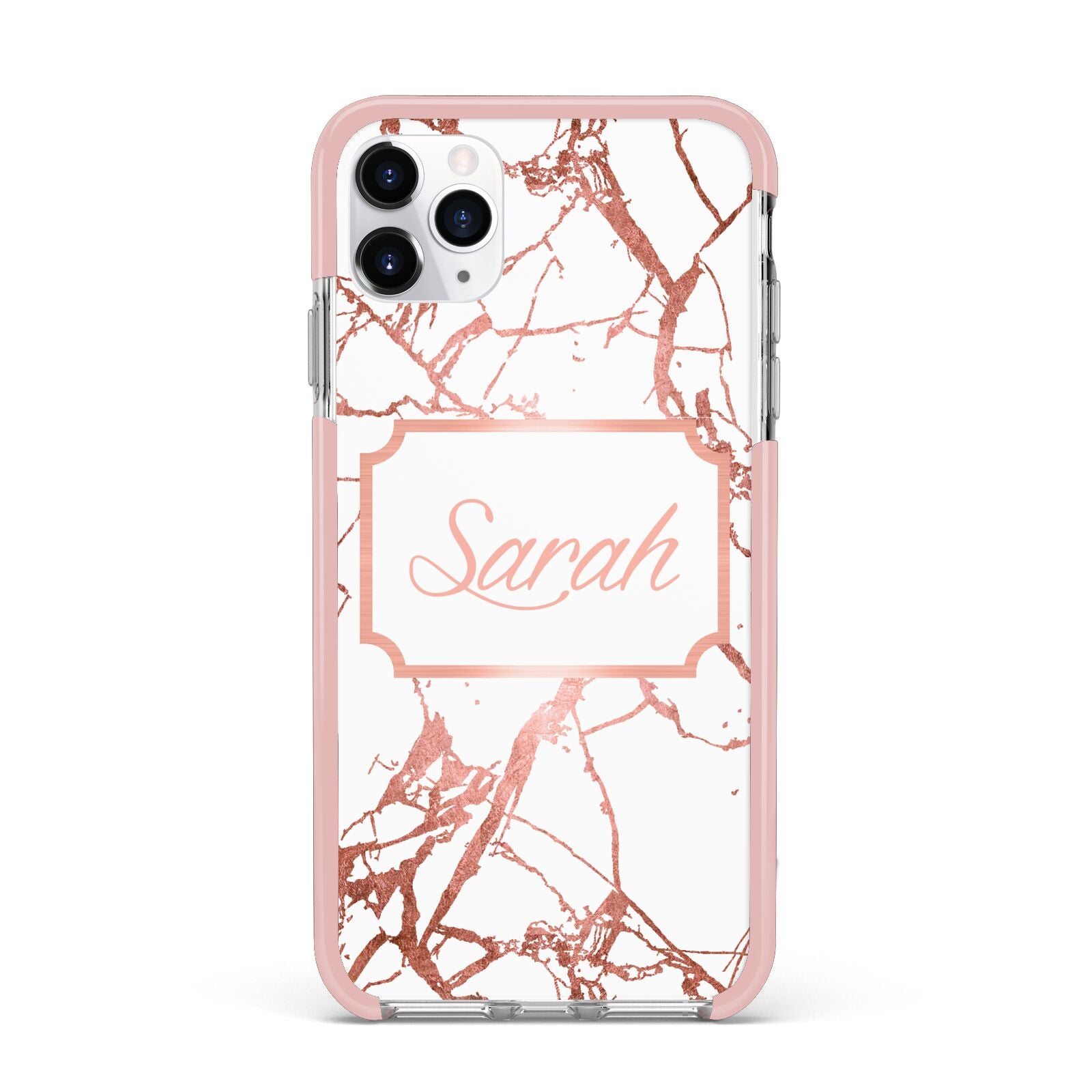 Personalised Rose Gold Marble Name iPhone 11 Pro Max Impact Pink Edge Case