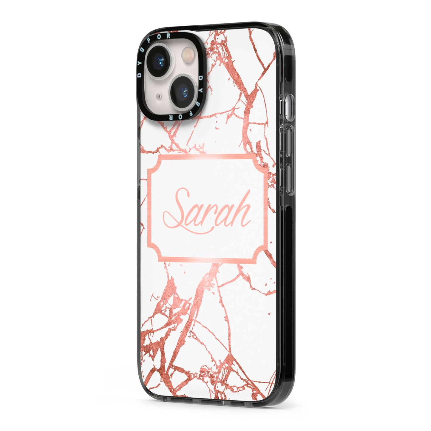 Personalised Rose Gold Marble Name iPhone 13 Black Impact Case Side Angle on Silver phone