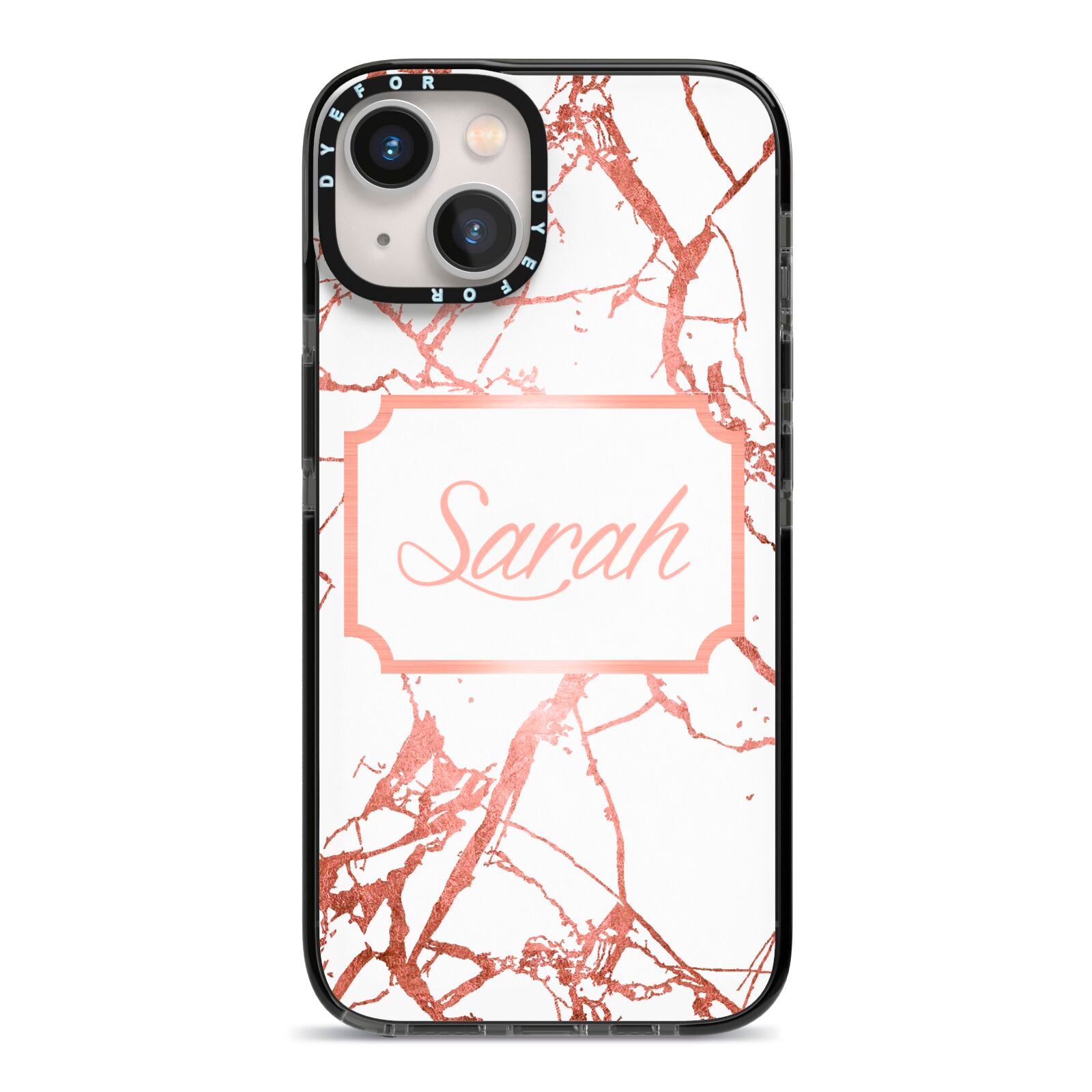 Personalised Rose Gold Marble Name iPhone 13 Black Impact Case on Silver phone