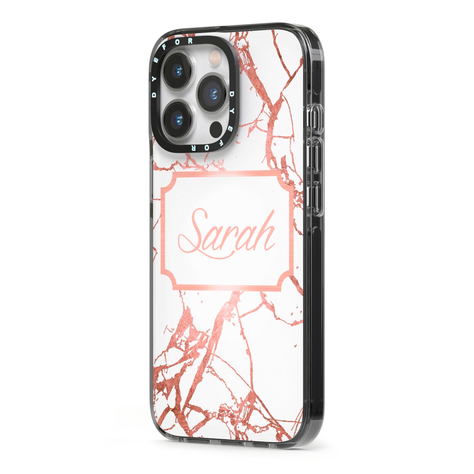 Personalised Rose Gold Marble Name iPhone 13 Pro Black Impact Case Side Angle on Silver phone