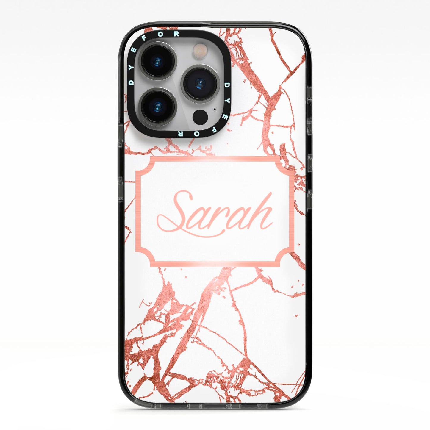 Personalised Rose Gold Marble Name iPhone 13 Pro Black Impact Case on Silver phone