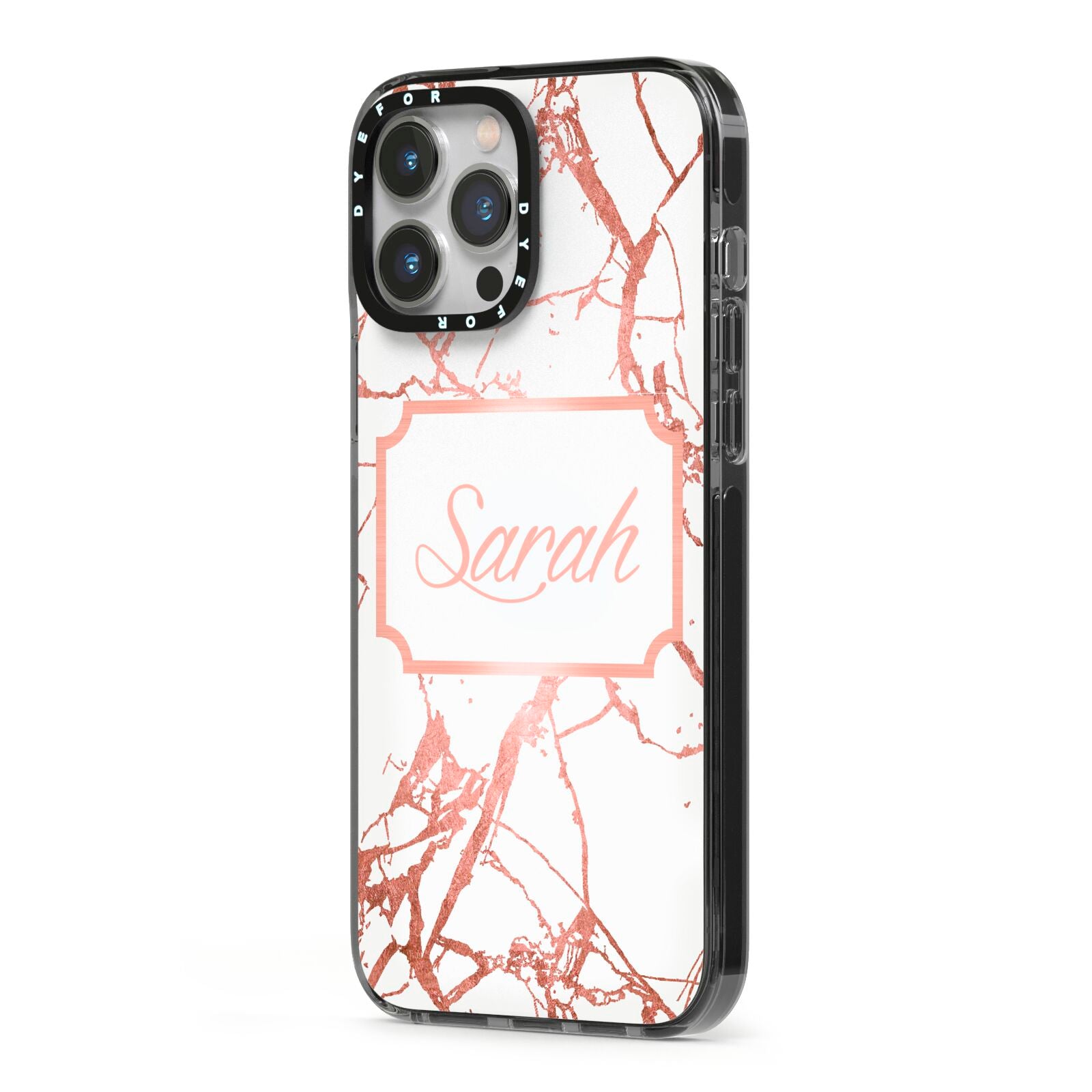 Personalised Rose Gold Marble Name iPhone 13 Pro Max Black Impact Case Side Angle on Silver phone