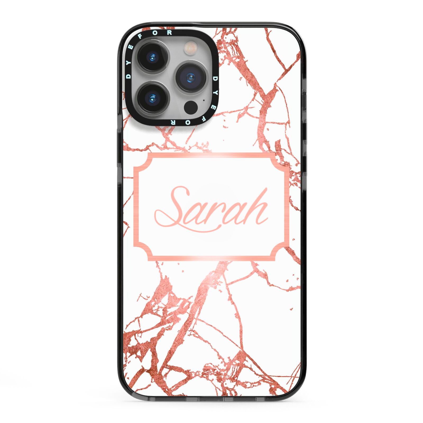 Personalised Rose Gold Marble Name iPhone 13 Pro Max Black Impact Case on Silver phone