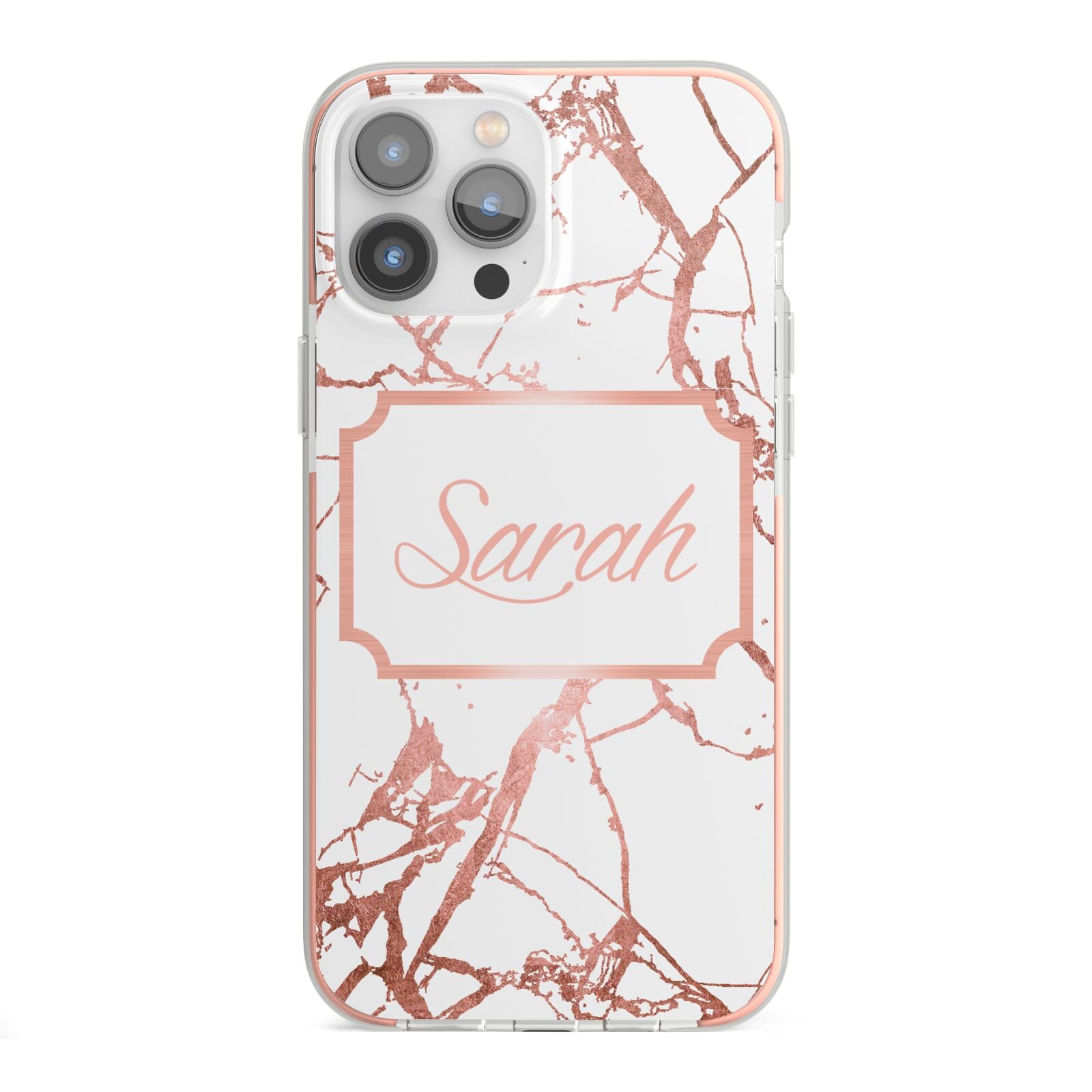 Personalised Rose Gold Marble Name iPhone 13 Pro Max TPU Impact Case with Pink Edges