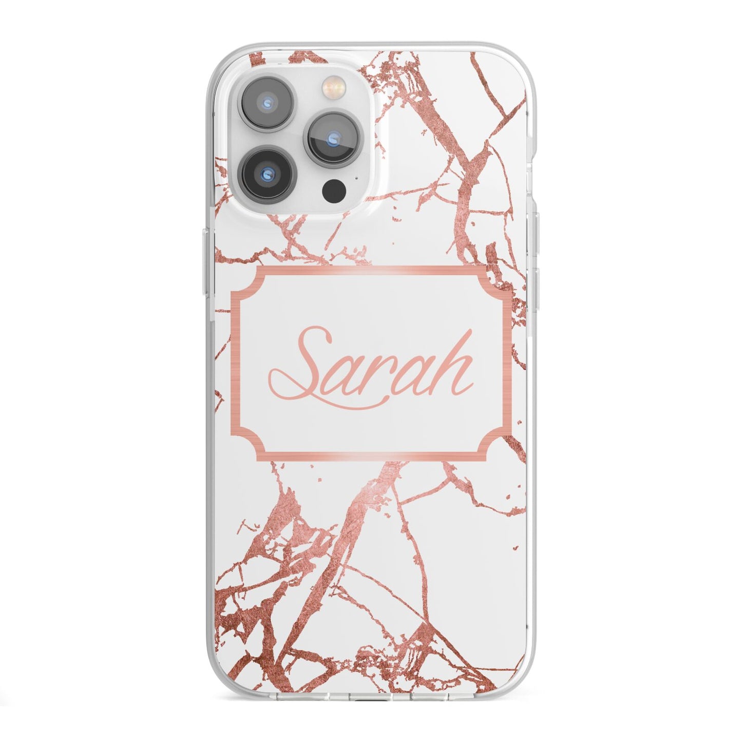 Personalised Rose Gold Marble Name iPhone 13 Pro Max TPU Impact Case with White Edges