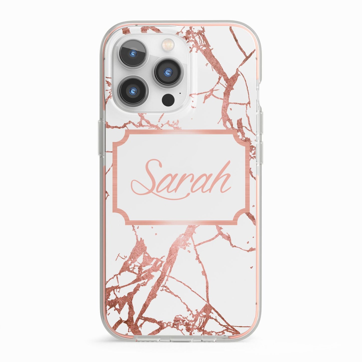 Personalised Rose Gold Marble Name iPhone 13 Pro TPU Impact Case with Pink Edges