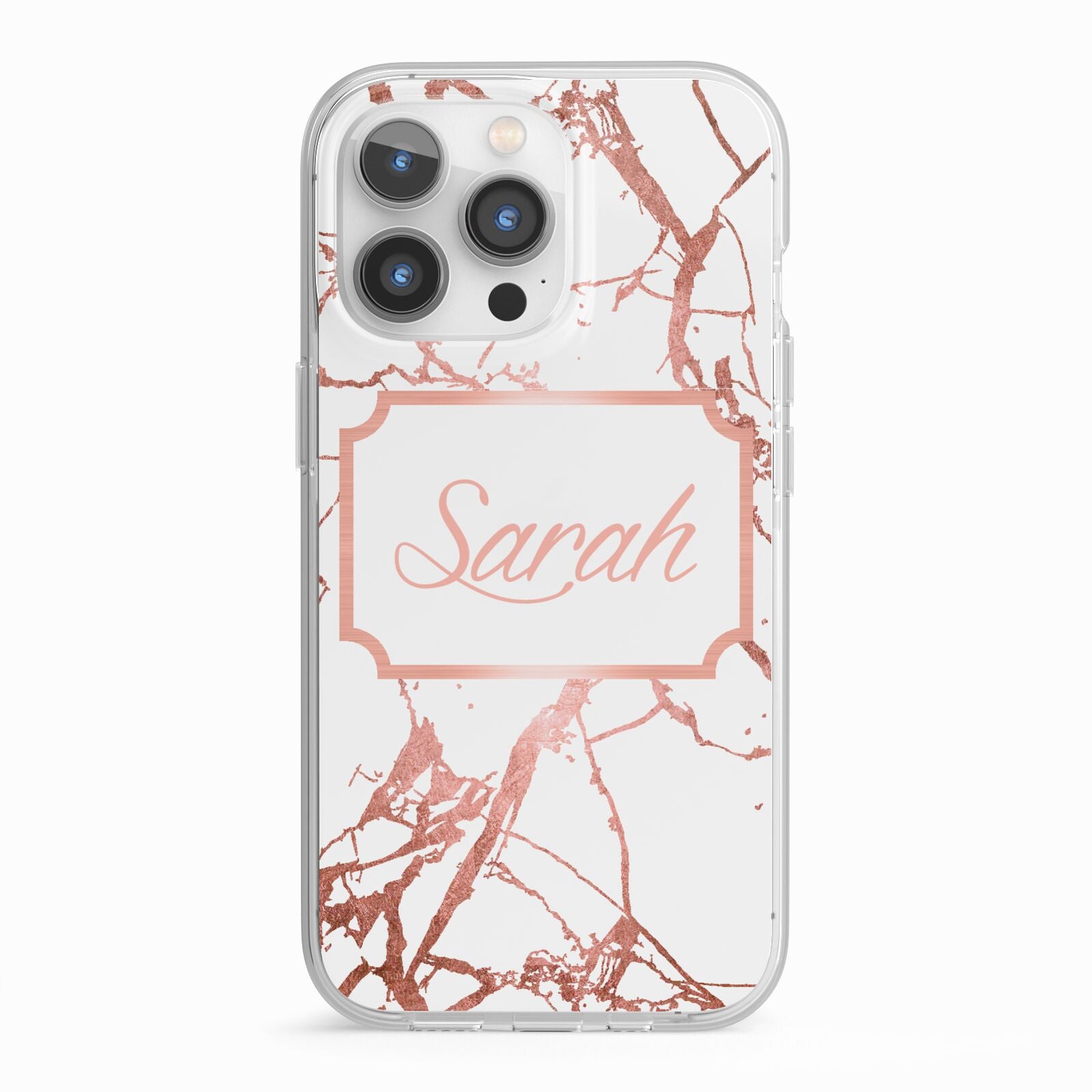 Personalised Rose Gold Marble Name iPhone 13 Pro TPU Impact Case with White Edges