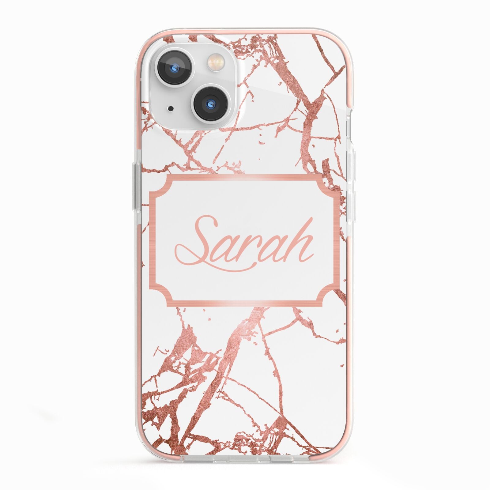 Personalised Rose Gold Marble Name iPhone 13 TPU Impact Case with Pink Edges