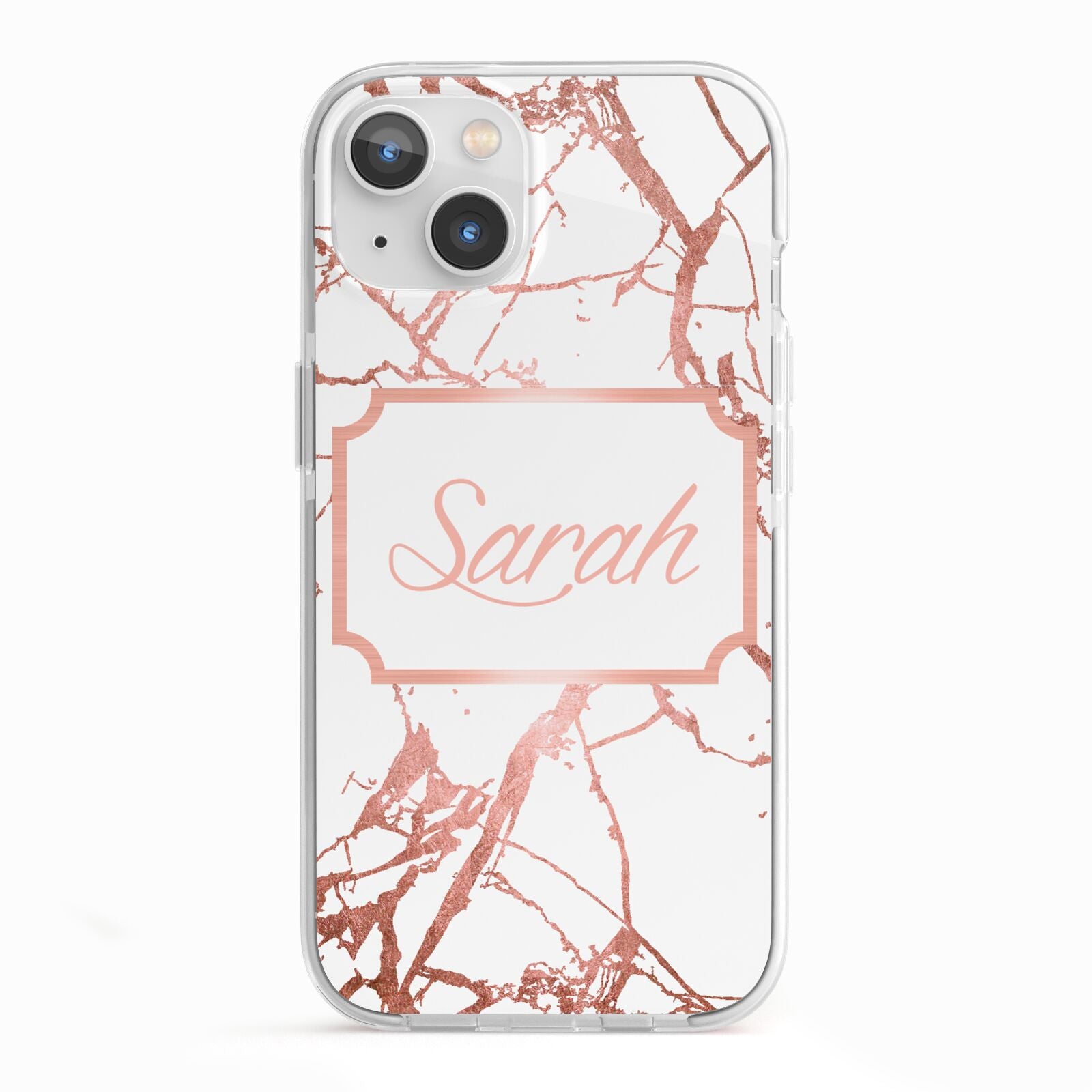 Personalised Rose Gold Marble Name iPhone 13 TPU Impact Case with White Edges