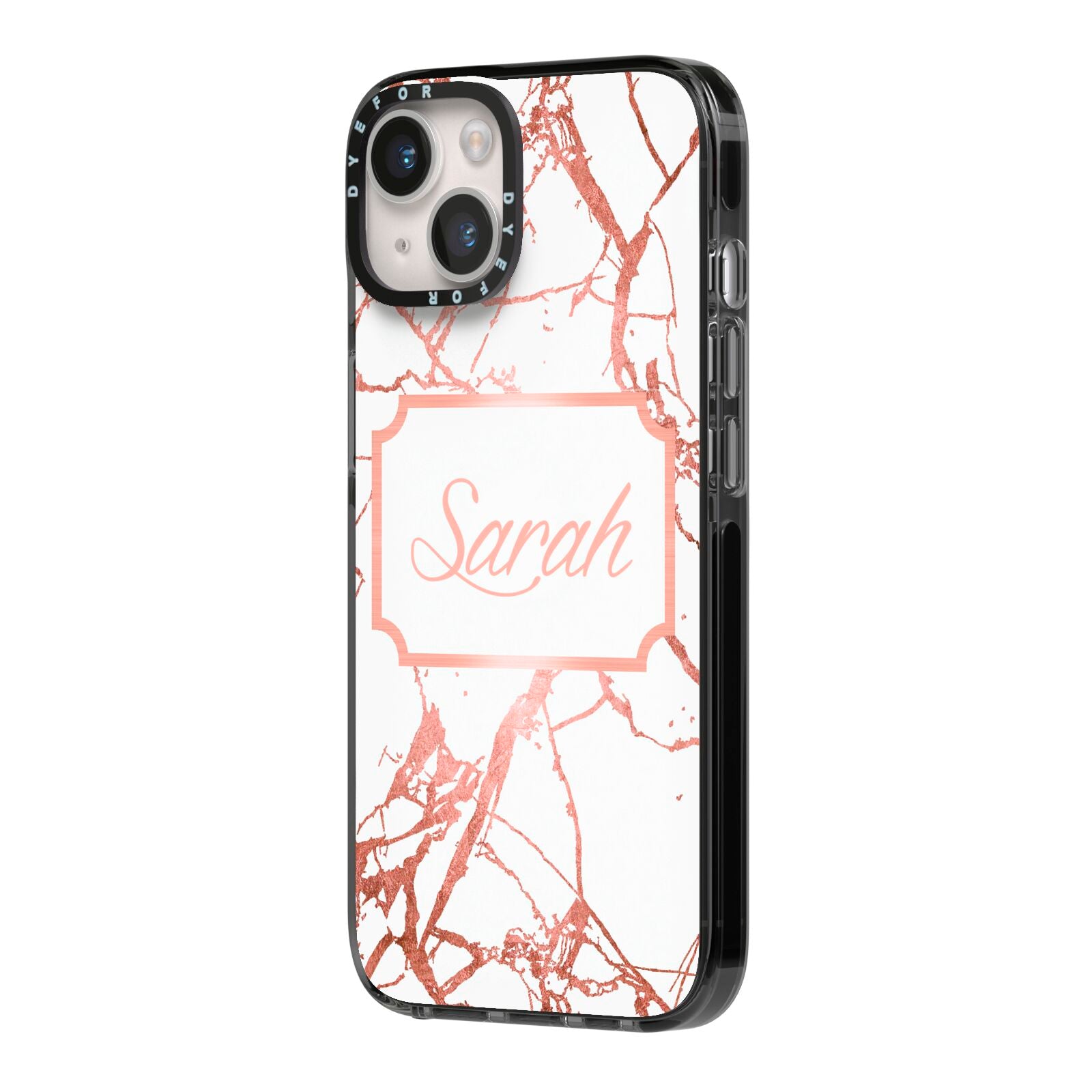 Personalised Rose Gold Marble Name iPhone 14 Black Impact Case Side Angle on Silver phone