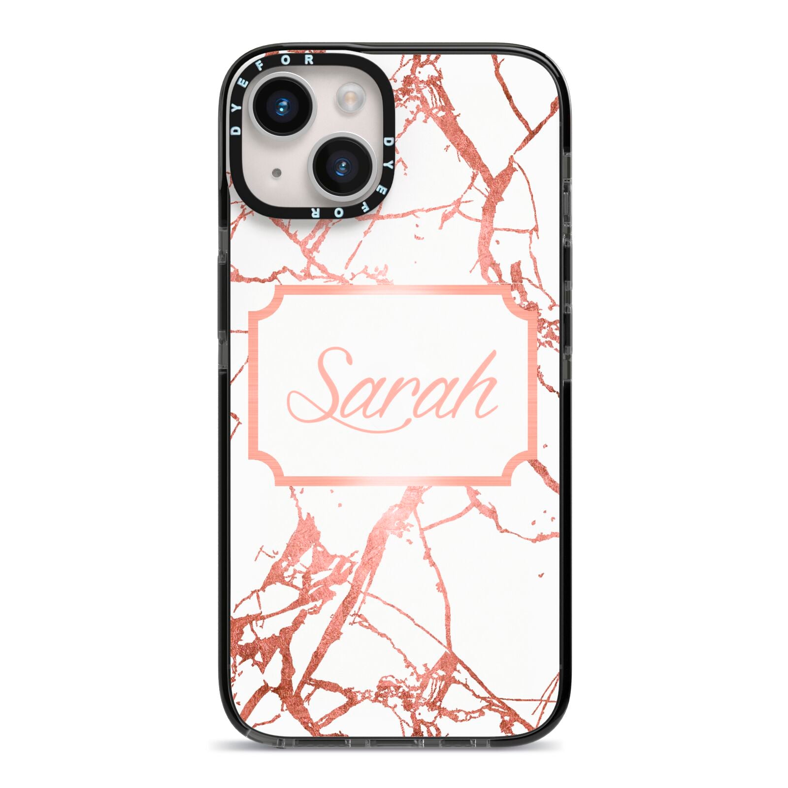 Personalised Rose Gold Marble Name iPhone 14 Black Impact Case on Silver phone