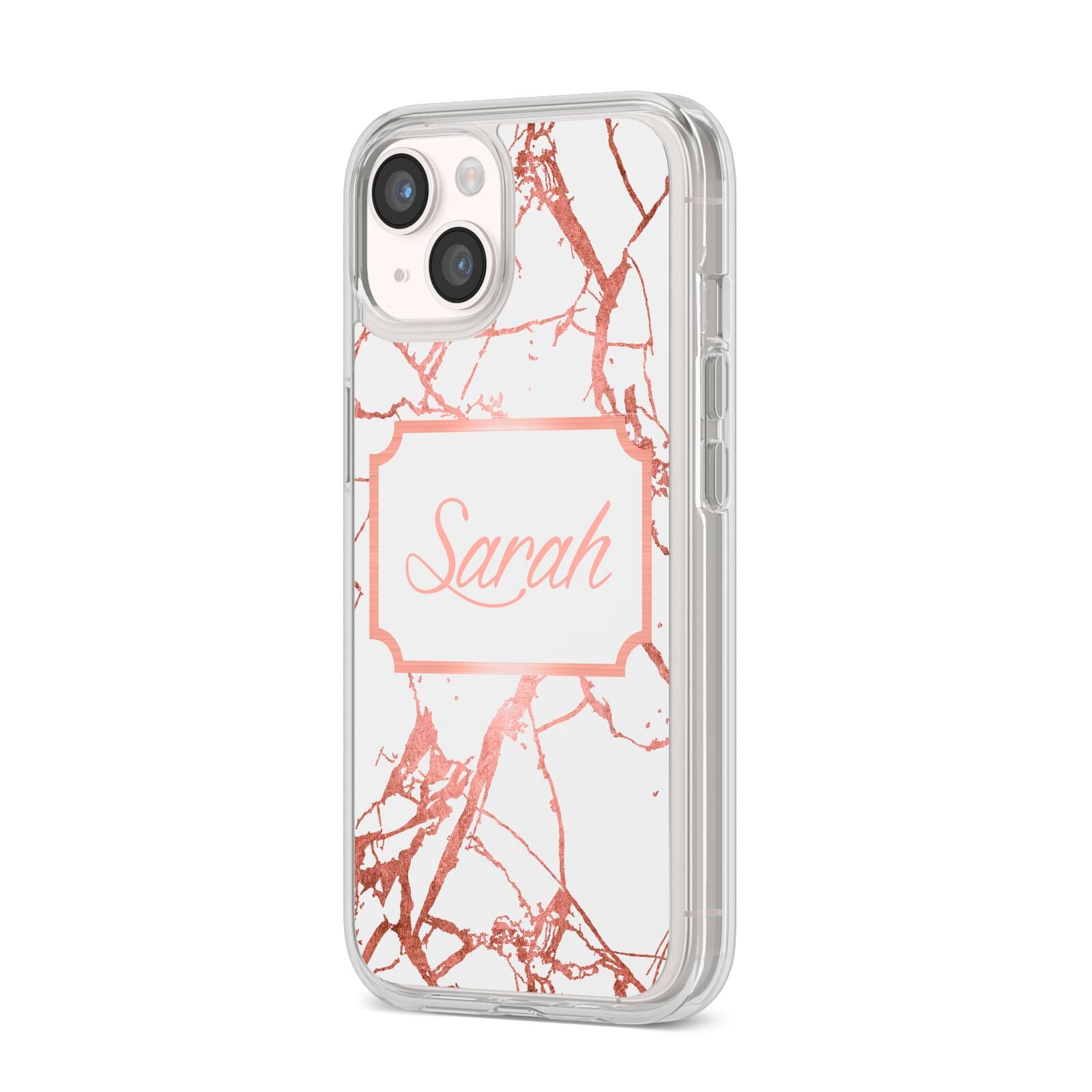 Personalised Rose Gold Marble Name iPhone 14 Clear Tough Case Starlight Angled Image