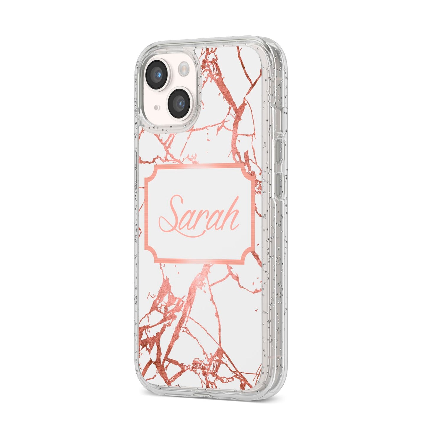 Personalised Rose Gold Marble Name iPhone 14 Glitter Tough Case Starlight Angled Image