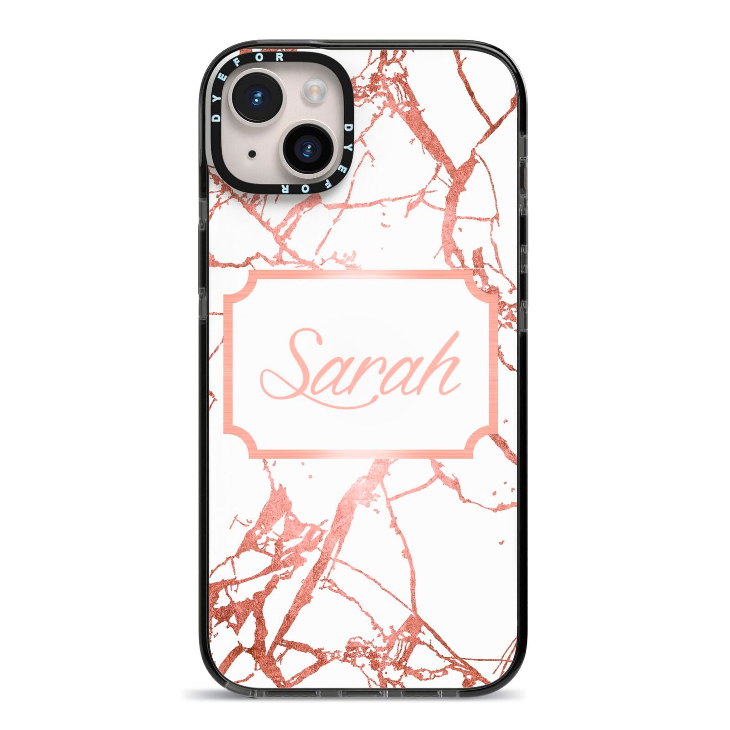 Personalised Rose Gold Marble Name iPhone 14 Plus Black Impact Case on Silver phone