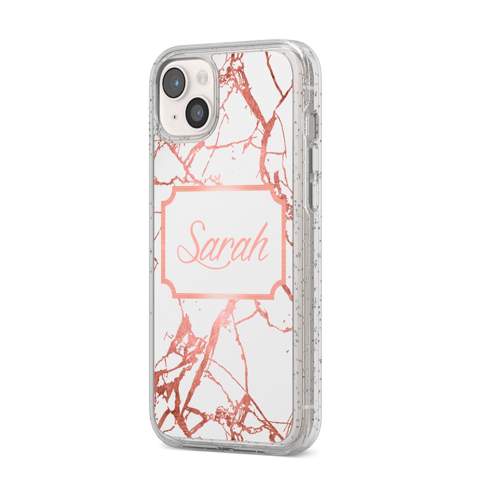 Personalised Rose Gold Marble Name iPhone 14 Plus Glitter Tough Case Starlight Angled Image
