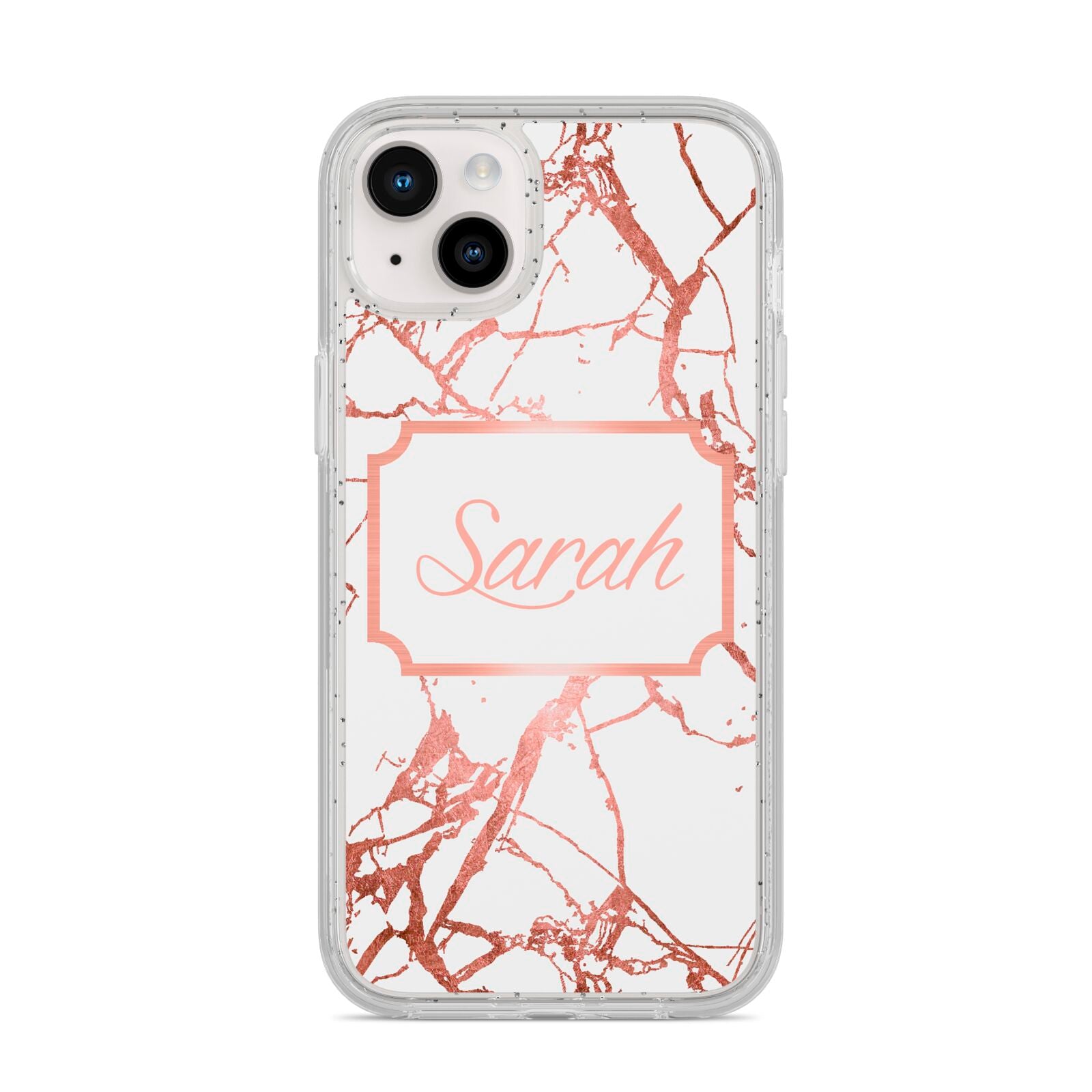 Personalised Rose Gold Marble Name iPhone 14 Plus Glitter Tough Case Starlight