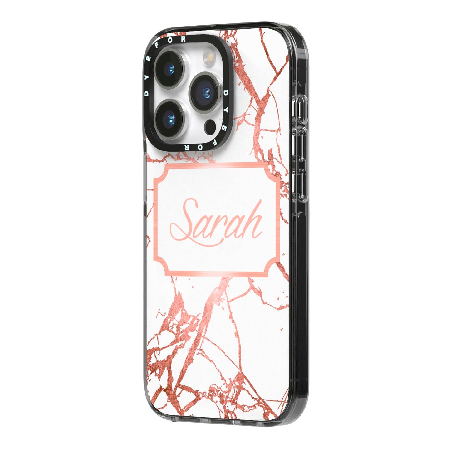 Personalised Rose Gold Marble Name iPhone 14 Pro Black Impact Case Side Angle on Silver phone