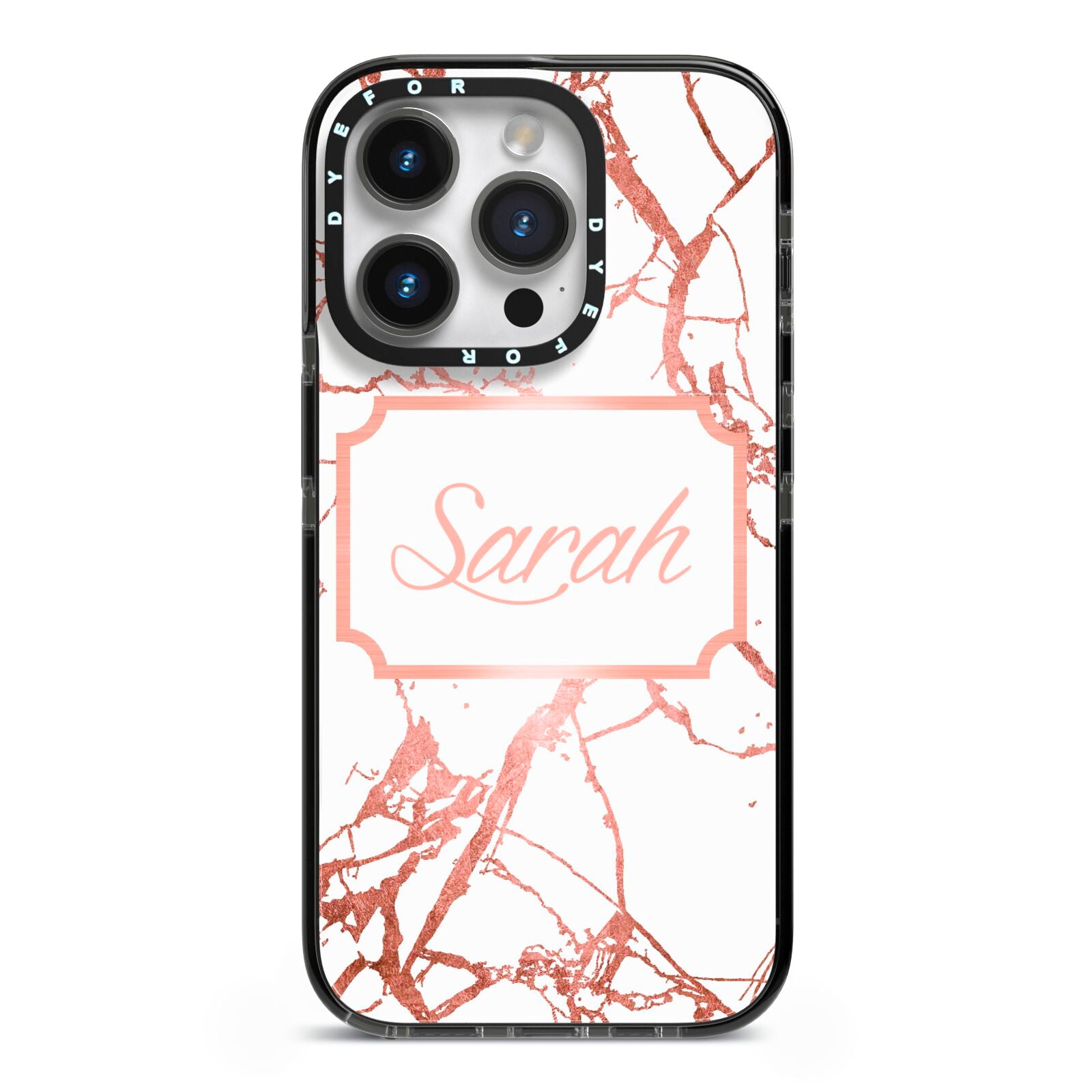 Personalised Rose Gold Marble Name iPhone 14 Pro Black Impact Case on Silver phone