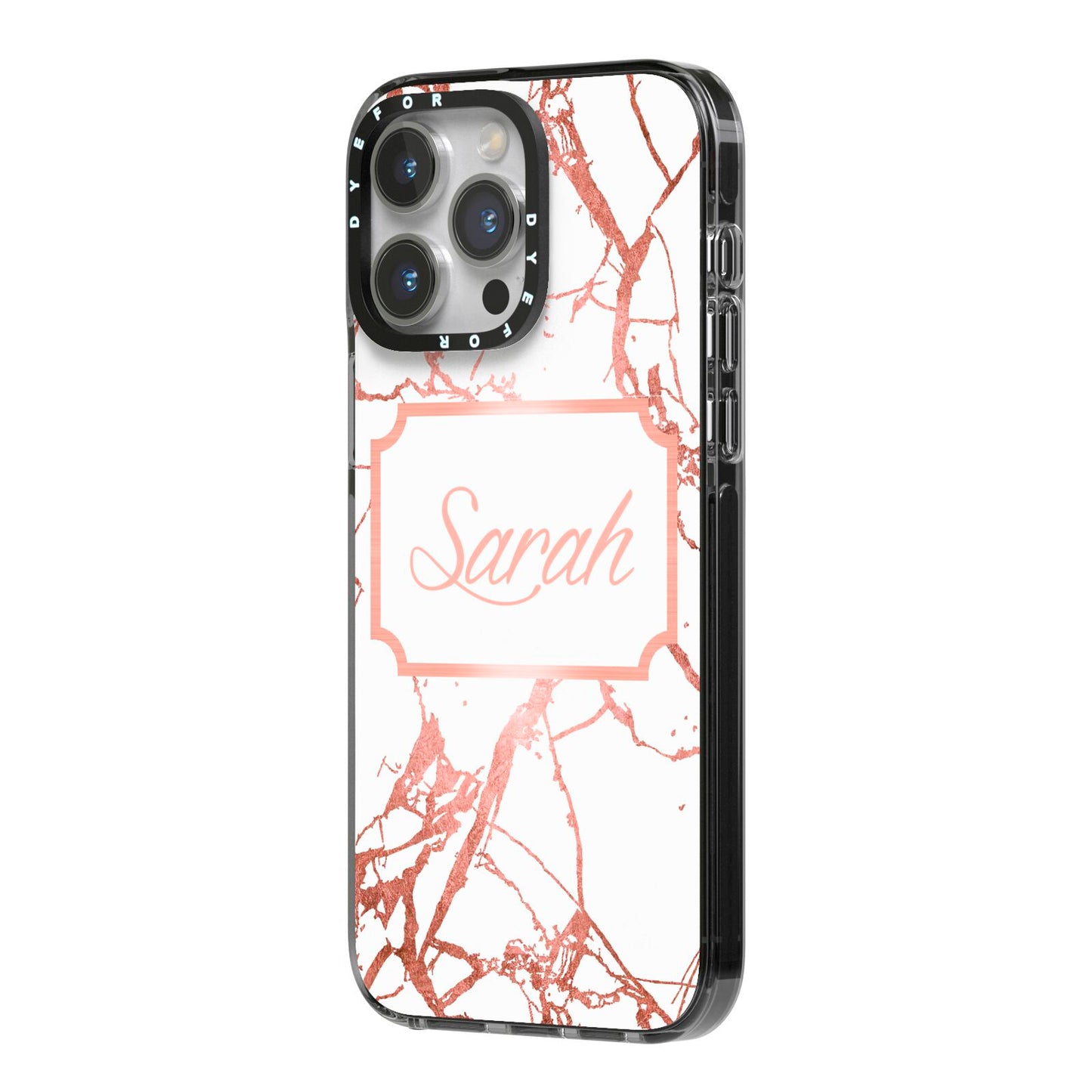 Personalised Rose Gold Marble Name iPhone 14 Pro Max Black Impact Case Side Angle on Silver phone