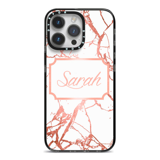 Personalised Rose Gold Marble Name iPhone 14 Pro Max Black Impact Case on Silver phone
