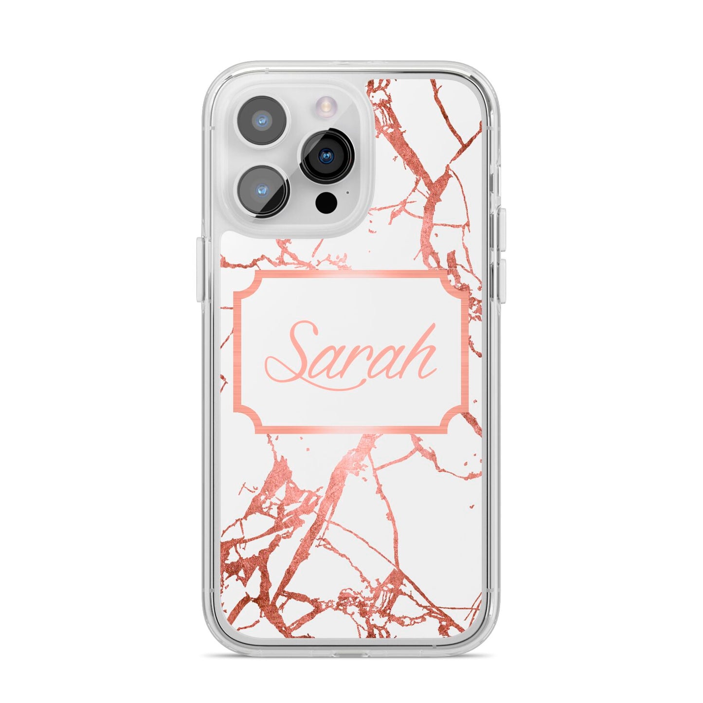 Personalised Rose Gold Marble Name iPhone 14 Pro Max Clear Tough Case Silver
