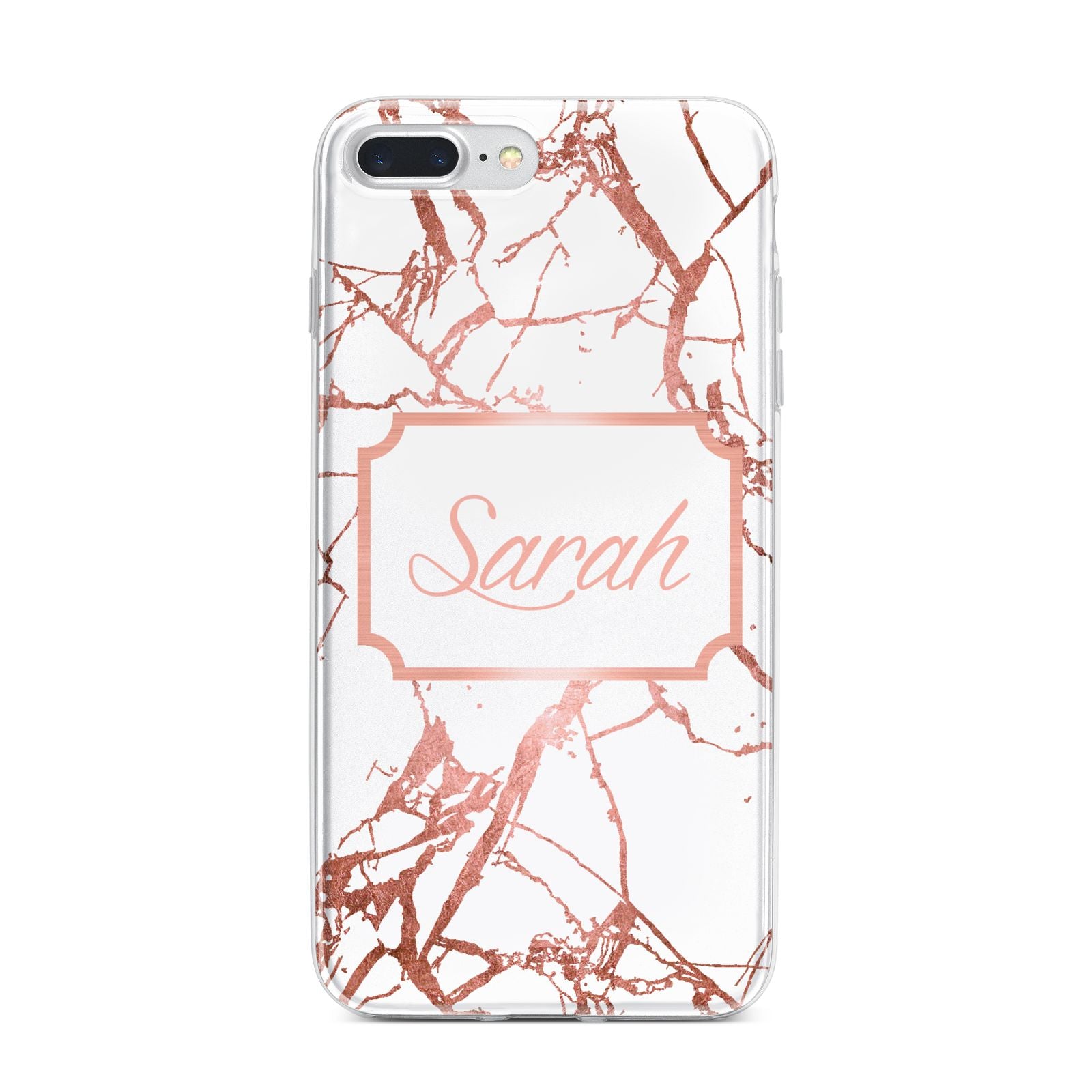 Personalised Rose Gold Marble Name iPhone 7 Plus Bumper Case on Silver iPhone