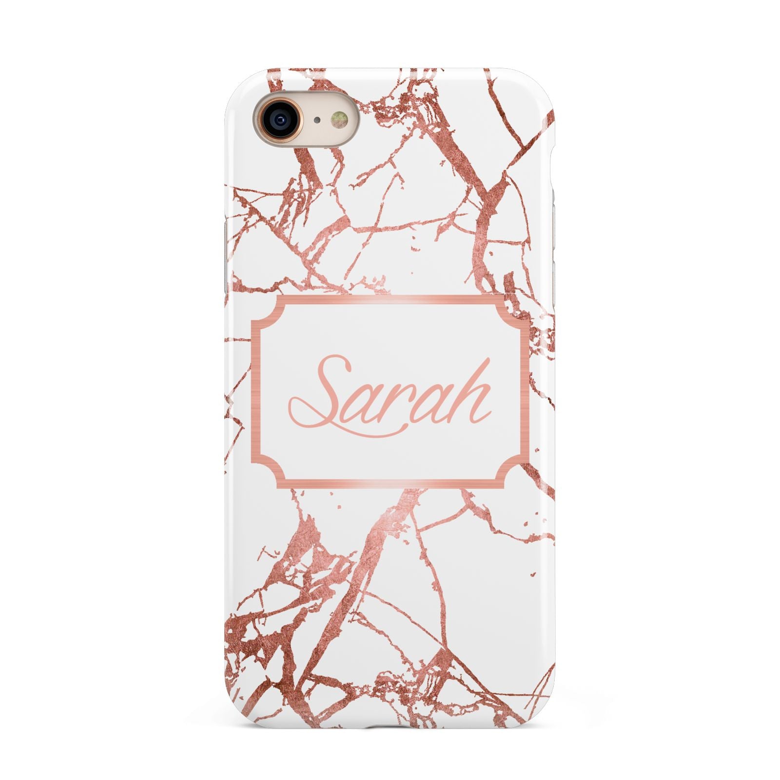 Personalised Rose Gold Marble Name iPhone 8 3D Tough Case on Gold Phone
