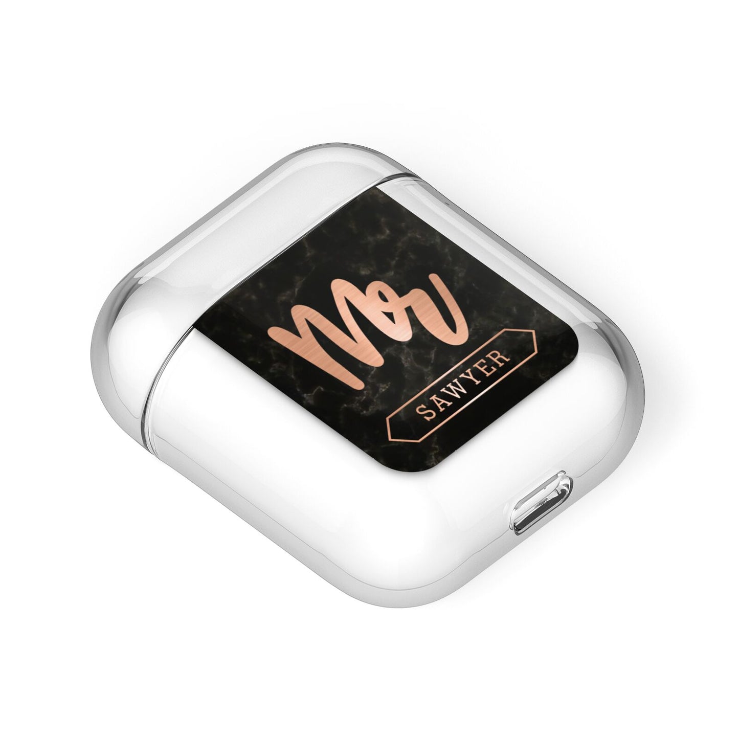 Personalised Rose Gold Mr Surname Marble AirPods Case Laid Flat