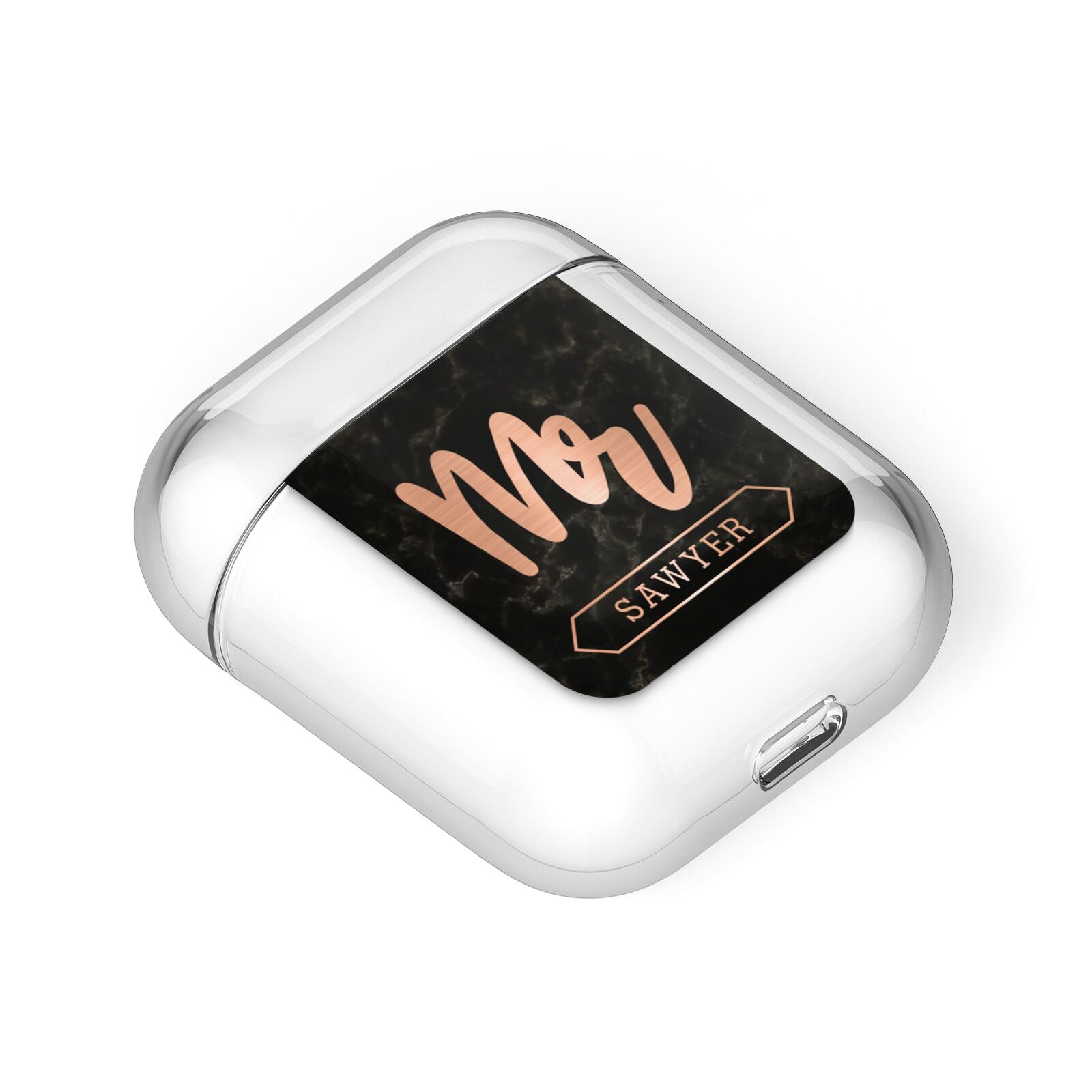 Personalised Rose Gold Mr Surname Marble AirPods Case Laid Flat