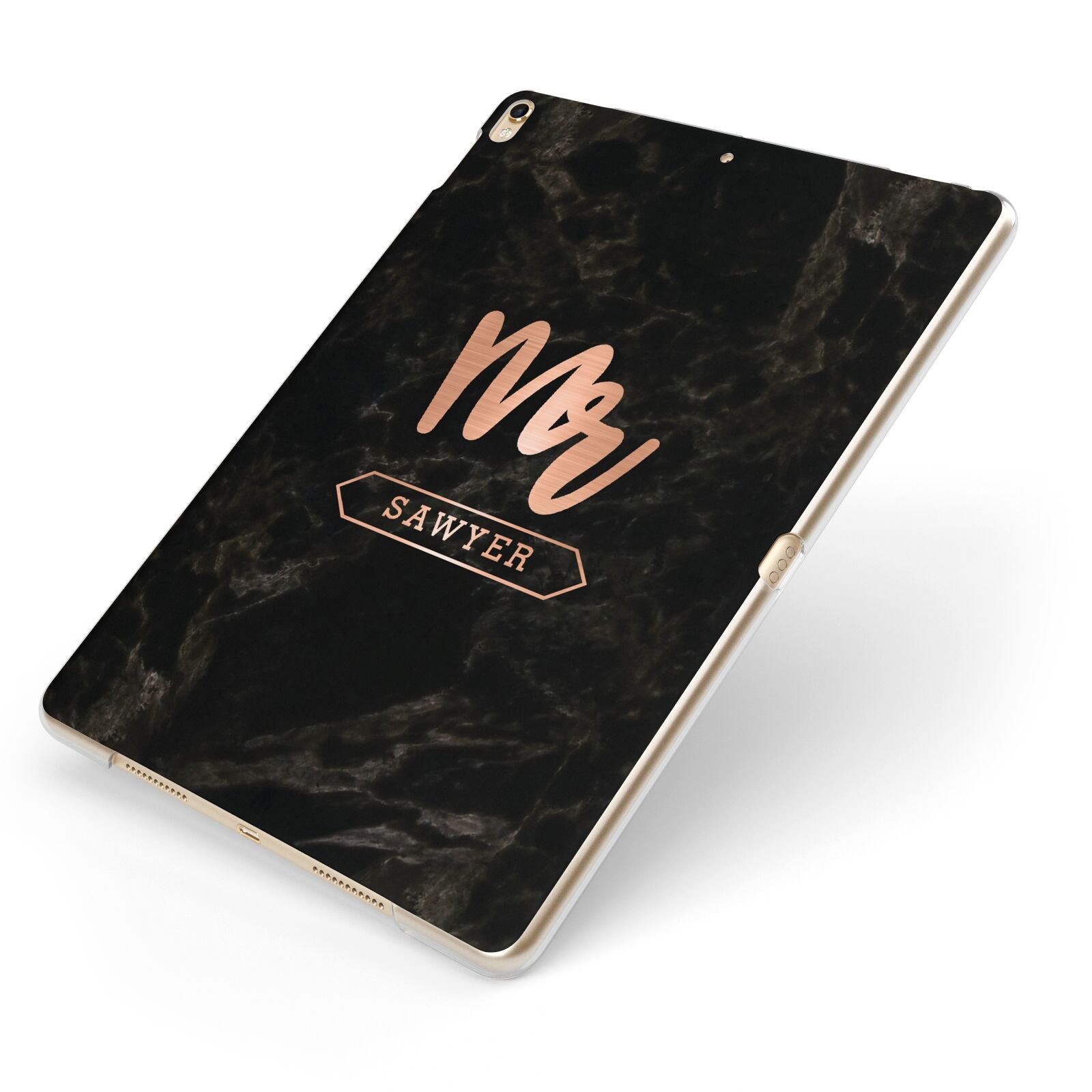 Personalised Rose Gold Mr Surname Marble Apple iPad Case on Gold iPad Side View