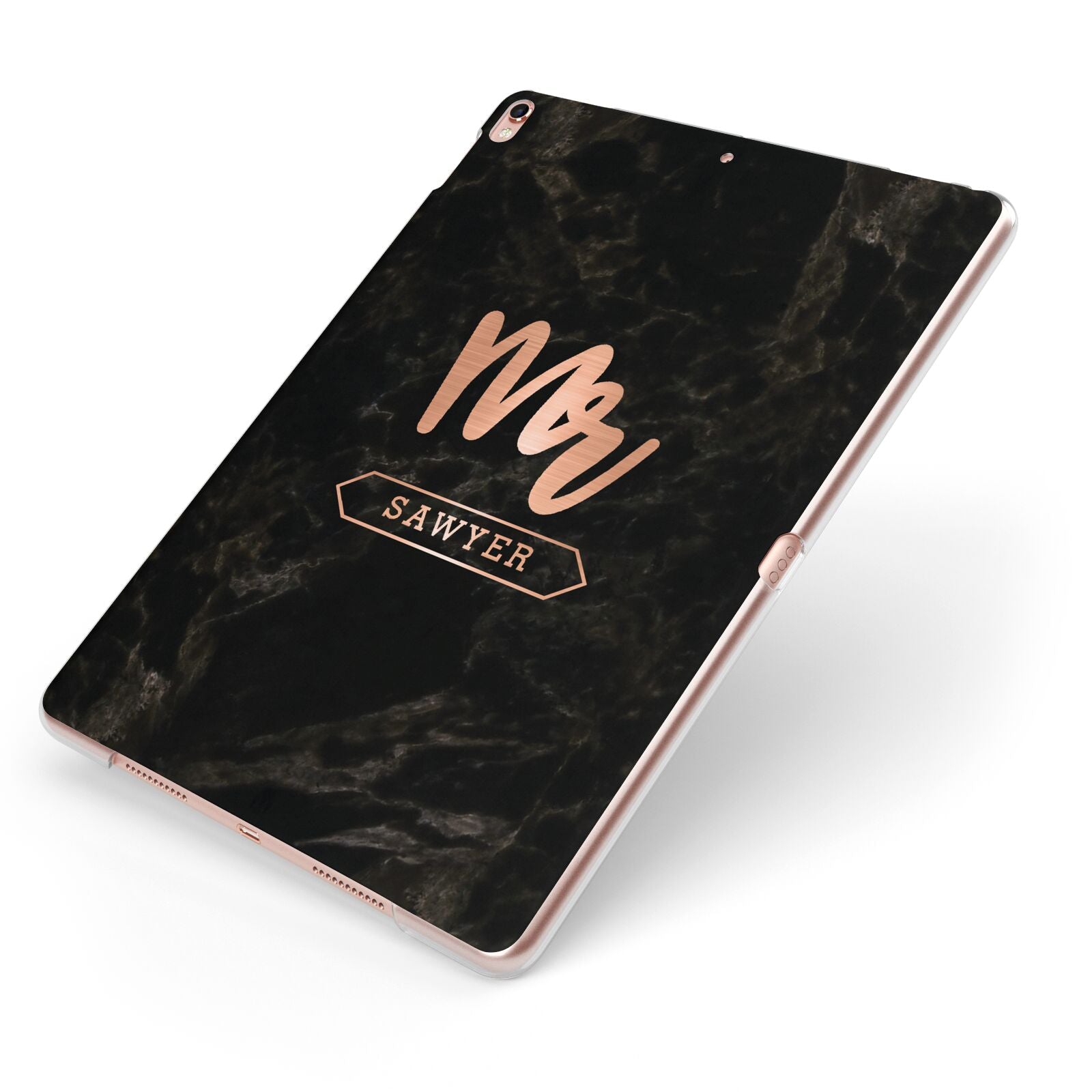 Personalised Rose Gold Mr Surname Marble Apple iPad Case on Rose Gold iPad Side View
