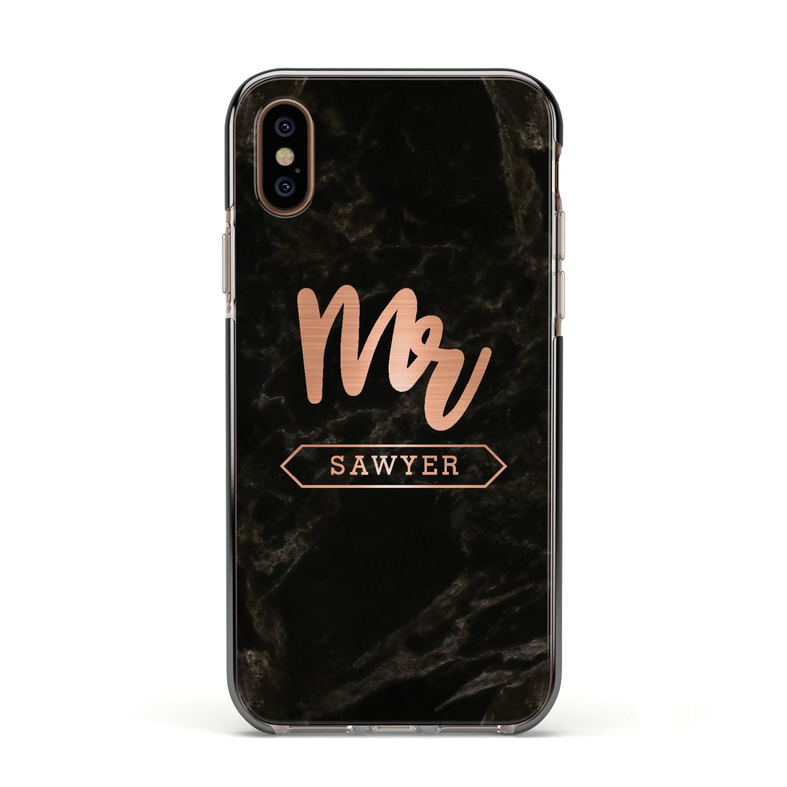Personalised Rose Gold Mr Surname Marble Apple iPhone Xs Impact Case Black Edge on Gold Phone