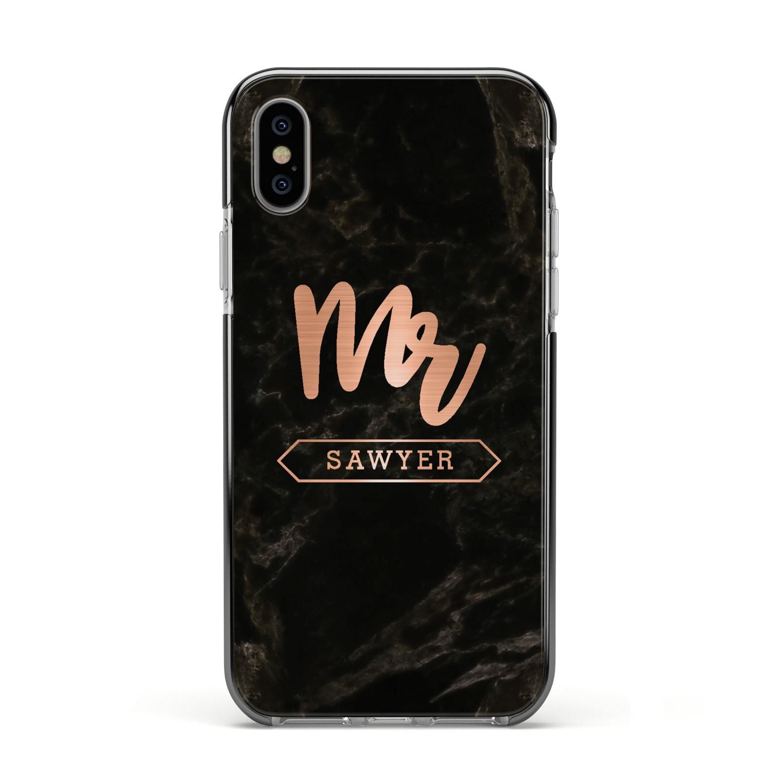 Personalised Rose Gold Mr Surname Marble Apple iPhone Xs Impact Case Black Edge on Silver Phone