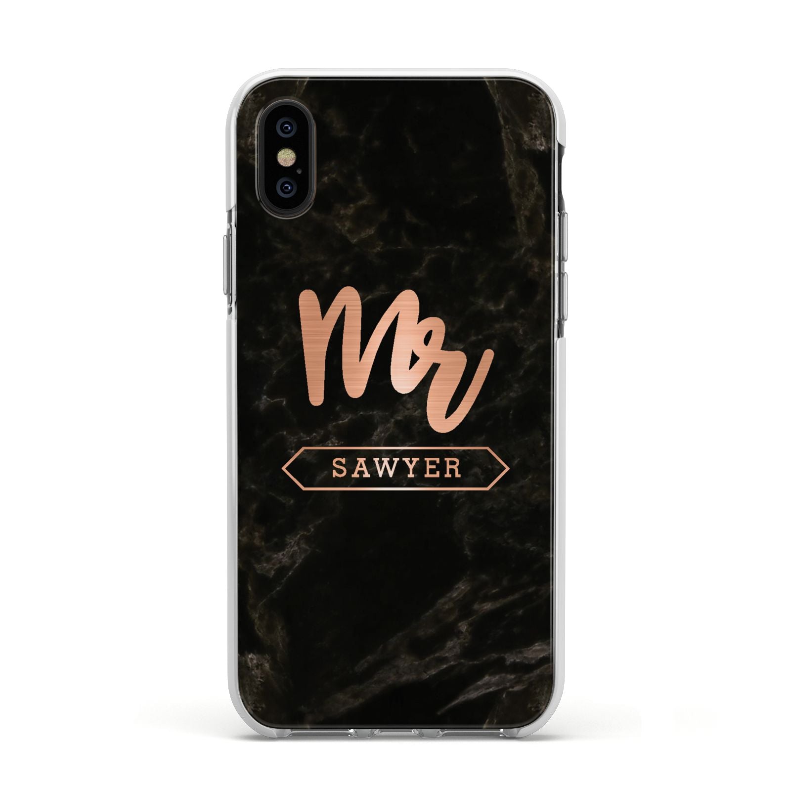 Personalised Rose Gold Mr Surname Marble Apple iPhone Xs Impact Case White Edge on Black Phone