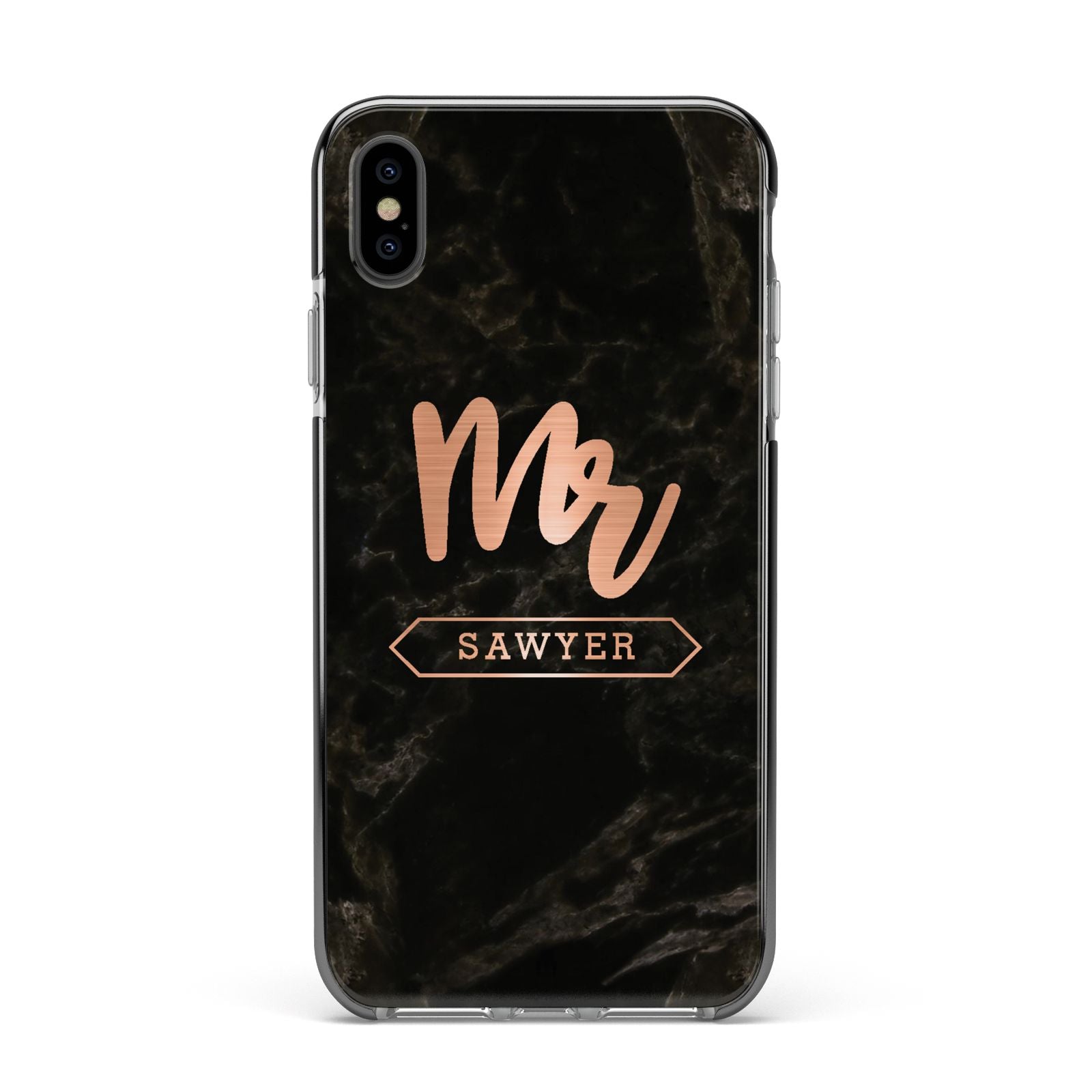 Personalised Rose Gold Mr Surname Marble Apple iPhone Xs Max Impact Case Black Edge on Black Phone