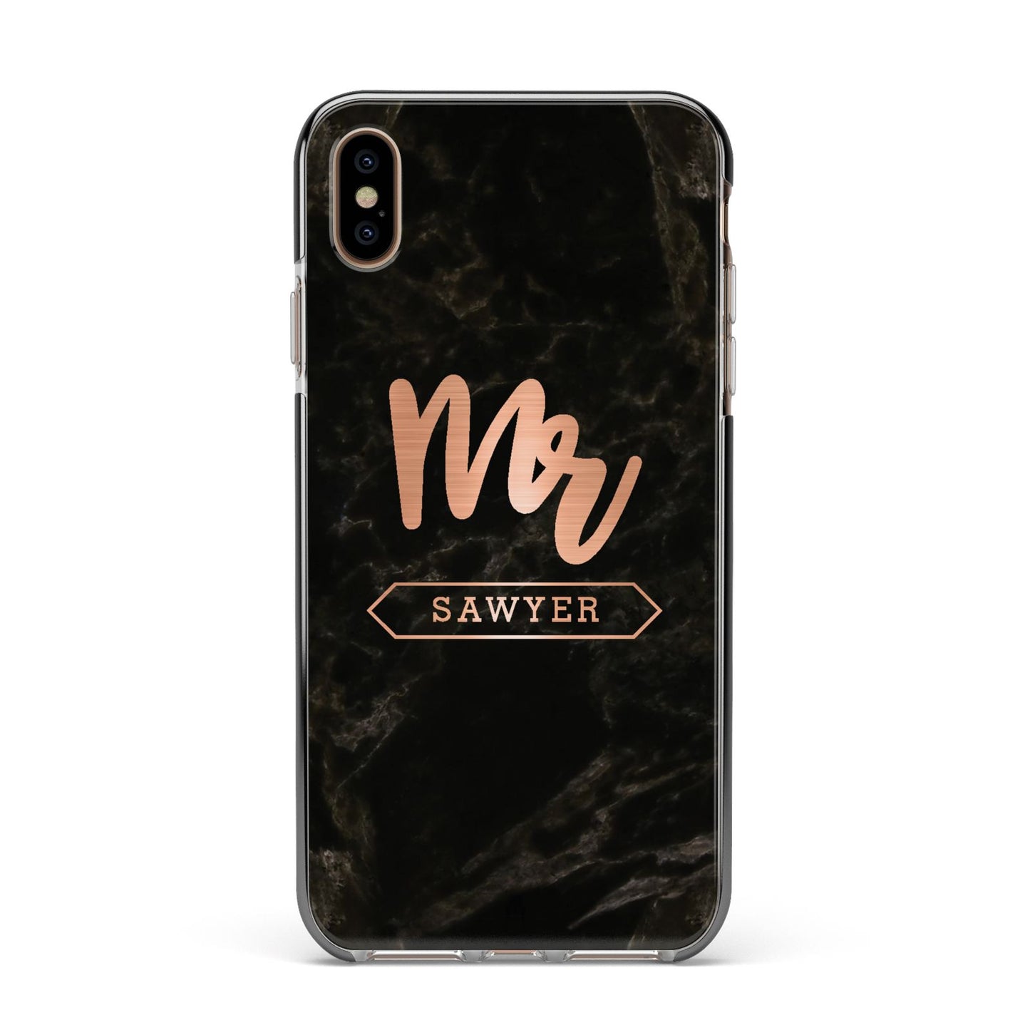 Personalised Rose Gold Mr Surname Marble Apple iPhone Xs Max Impact Case Black Edge on Gold Phone